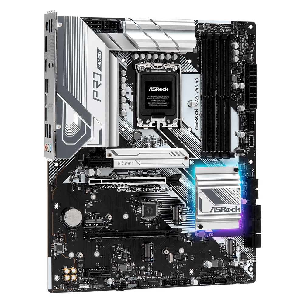 Материнская плата ASRock Z790 PRO RS, Socket 1700, Intel®Z790, 4xDDR5-4800, HDMI+DP, 2xPCI-Ex16, 2xPCI-Ex1, 8xSATA3(RAID 0/1/5/10), 4xM.2, 8 Ch Audio, 1x2.5GLan, (4+4)xUSB2.0, (3+4)xUSB3.2, (1+1)xUSB3.2 Type-C™, ATX, 1xPS/2, RTL {}