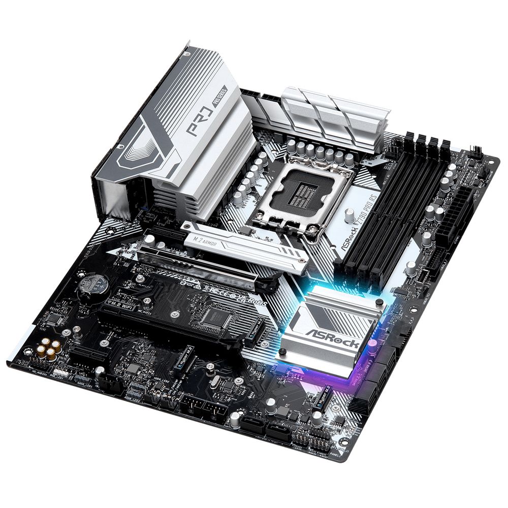 Материнская плата ASRock Z790 PRO RS, Socket 1700, Intel®Z790, 4xDDR5-4800, HDMI+DP, 2xPCI-Ex16, 2xPCI-Ex1, 8xSATA3(RAID 0/1/5/10), 4xM.2, 8 Ch Audio, 1x2.5GLan, (4+4)xUSB2.0, (3+4)xUSB3.2, (1+1)xUSB3.2 Type-C™, ATX, 1xPS/2, RTL {}