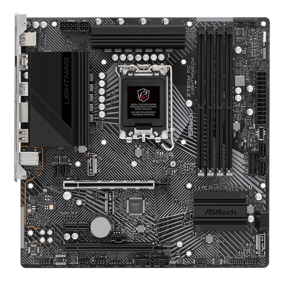 Материнская плата ASRock Z790M PG LIGHTNING/D4, Socket 1700, Intel®Z790, 4xDDR4-3200, HDMI, 2xPCI-Ex16, 1xPCI-Ex1, 4xSATA3(RAID 0/1/5/10), 2xM.2, 8 Ch Audio, 1xGLan, (2+4)xUSB2.0, (5+2)xUSB3.2, (1+1)xUSB3.2 Type-C™, 1x/PS/2, mATX, RTL {}