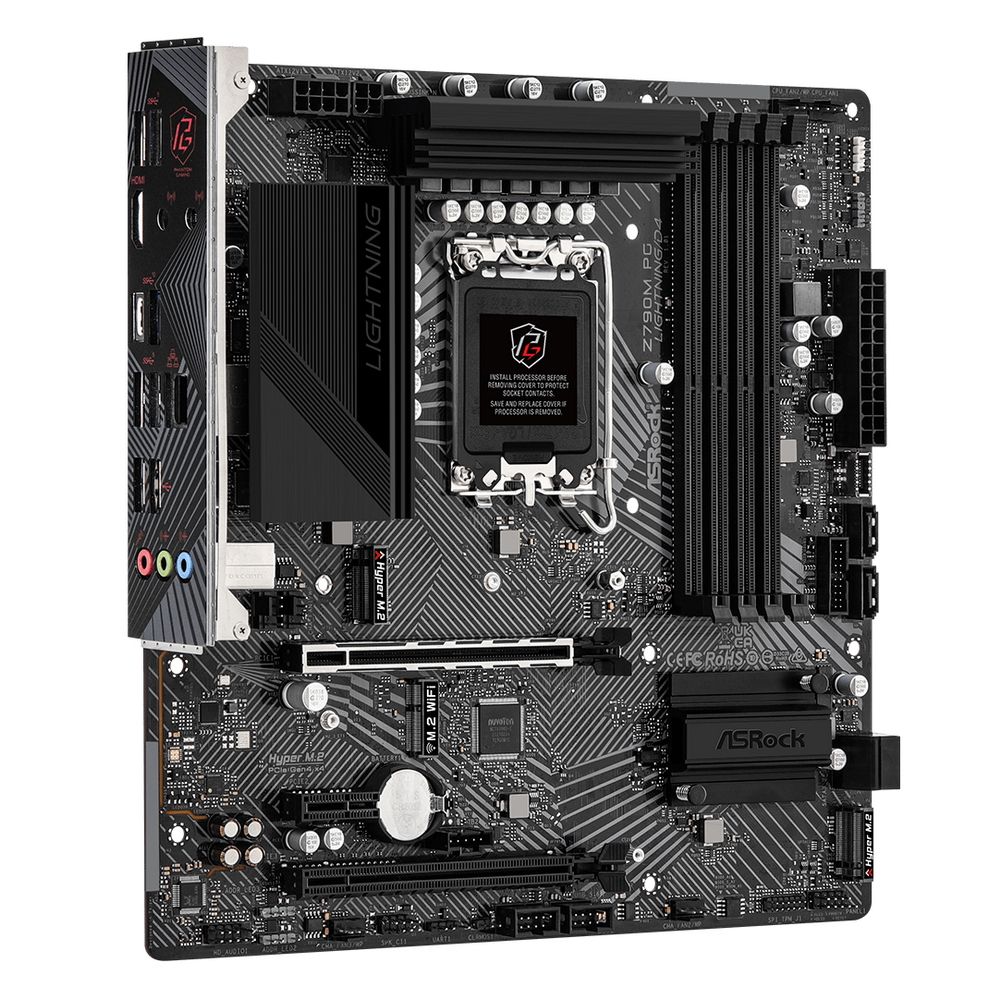 Материнская плата ASRock Z790M PG LIGHTNING/D4, Socket 1700, Intel®Z790, 4xDDR4-3200, HDMI, 2xPCI-Ex16, 1xPCI-Ex1, 4xSATA3(RAID 0/1/5/10), 2xM.2, 8 Ch Audio, 1xGLan, (2+4)xUSB2.0, (5+2)xUSB3.2, (1+1)xUSB3.2 Type-C™, 1x/PS/2, mATX, RTL {}