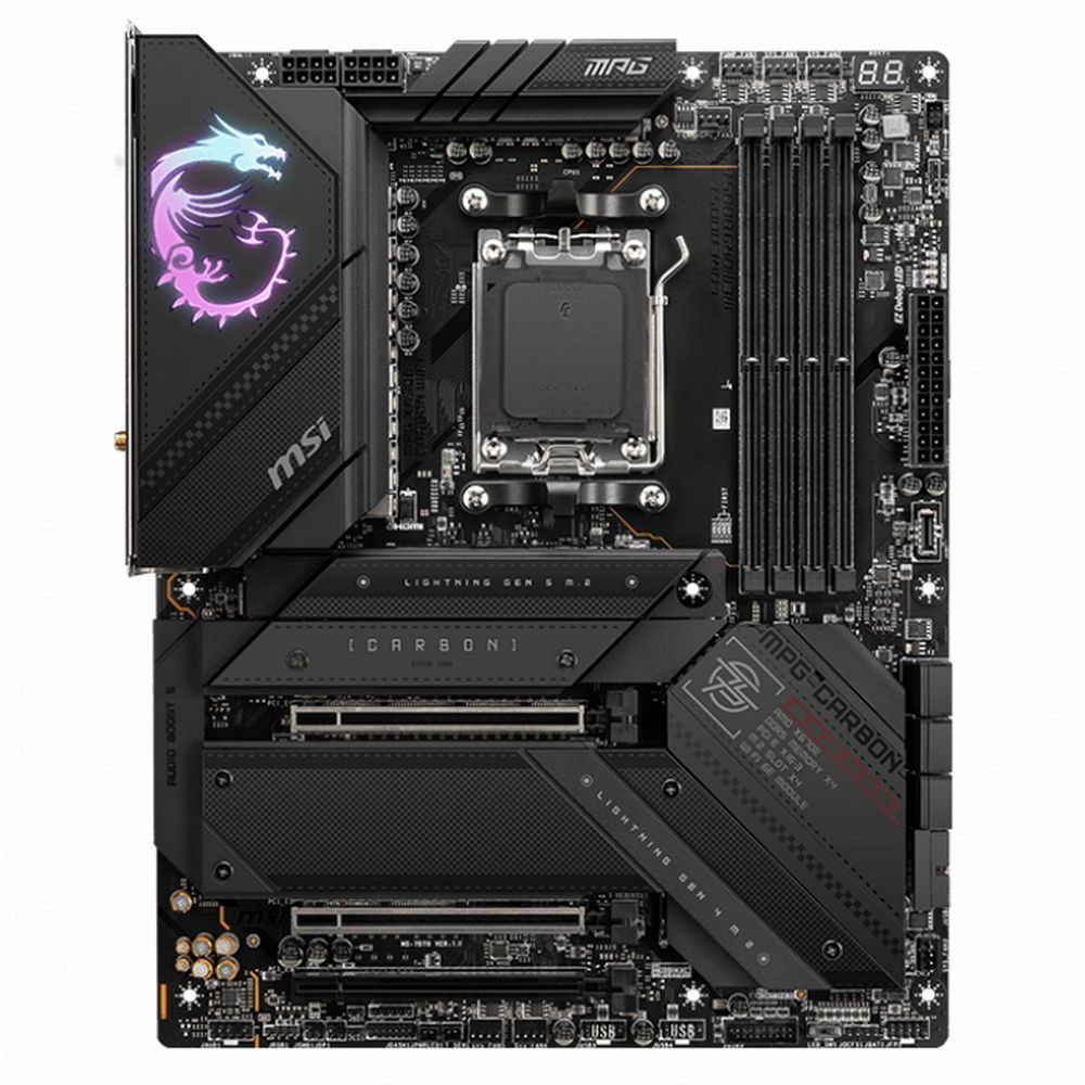 Материнская плата MSI MPG X670E CARBON WIFI X670, AM5, 4*DDR5, 3*PCIEx16, 4*M.2, 3*TypeC, 6*USB3.2Gen2, 4*USB3.2Gen1, 12*USB2.0, 6*SATA3.0, 2.5G, DP, HDMI, TypeC(DP), ATX, RTL
