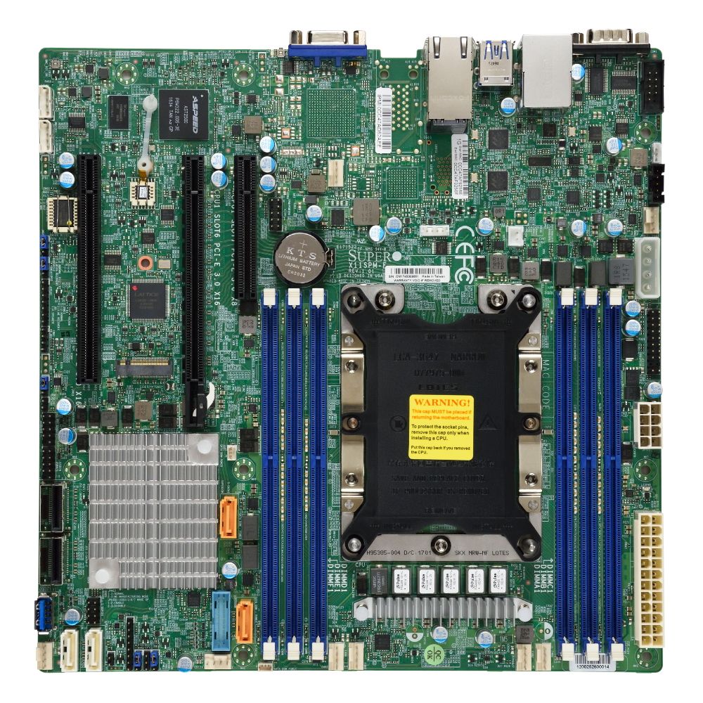 Материнская плата SuperMicro SuperMicro MBD-X11SPM-F-B microATX, LGA3647 (Socket P), 6x DDR4 DIMM, 1600-2666 MHz, Aspeed AST2500, Intel® C621 controller for 12 SATA3 (6 Gbps) ports; RAID 0,1,5,10