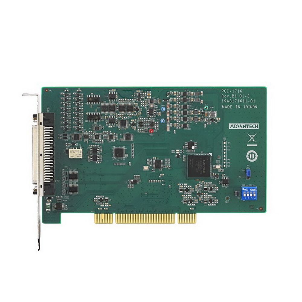 Плата интерфейсная Advantech PCI-1716-BE ввода-вывода PC, Встроенный буфер FIFO на 1024 значения, 16 цифровых входов и 16 цифровых выходов I, 16SE/8D AI, 2AO, 16DI, 16DO, +/-0.625 V, +/-1.25 V, +/-2.5 V, +/-5 V, +/-10 V, 0-1.25 V, 0-2.5 V, 0-5 V, 0-10 V, 5/12VDC-in
