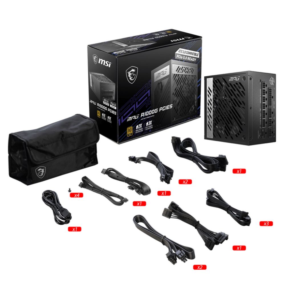 Блок питания MSI MPG A1000G PCIE5 |306-7ZP7C11-CE0| , 1000W, 80+ Gold, полностью модульный, ATX 3.0, PCIE5, RTL