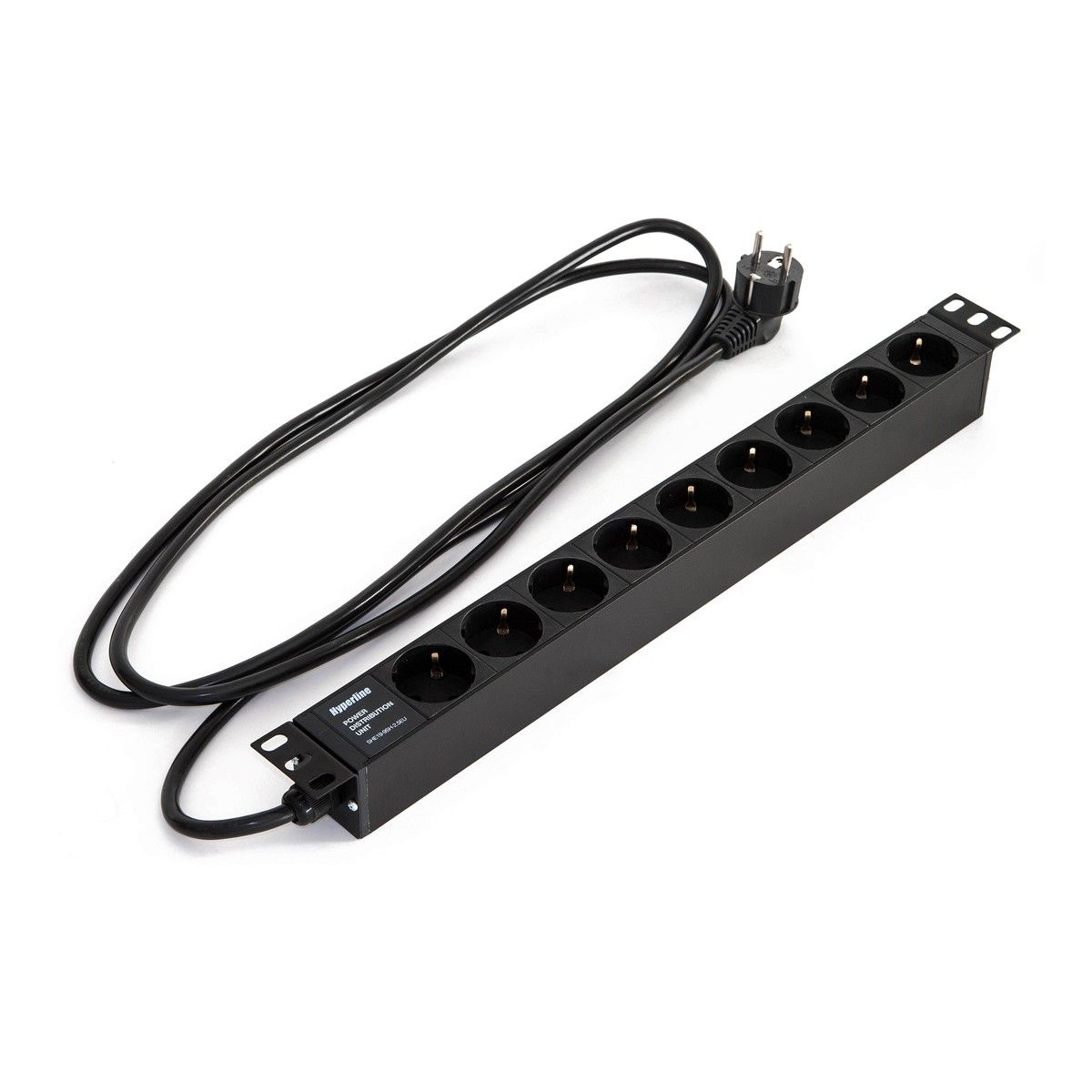 Сетевой фильтр Hyperline Hyperline SHE19-9SH-2.5EU Блок розеток для 19" шкафов, горизонтальный, 9 розеток Schuko, кабель питания 2.5м (3х1.5мм2) с вилкой Schuko 16A, 250В, 482.6x44.4x44.4мм (ШхГхВ), корпус алюминий, цвет черный