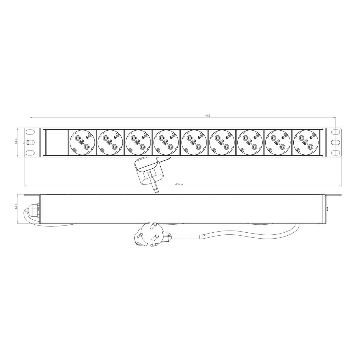 Сетевой фильтр Hyperline Hyperline SHE19-9SH-2.5EU Блок розеток для 19" шкафов, горизонтальный, 9 розеток Schuko, кабель питания 2.5м (3х1.5мм2) с вилкой Schuko 16A, 250В, 482.6x44.4x44.4мм (ШхГхВ), корпус алюминий, цвет черный