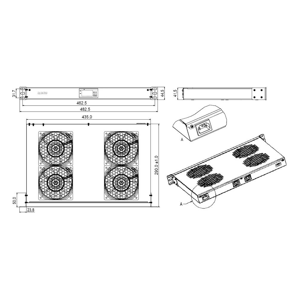 Вентиляторный модуль Hyperline Hyperline TRFA-WB-MICR-4F-RAL9004 Модуль вентиляторный 1U 19", глубиной 290мм, с термостатом и 4-я вентиляторами, номинальная мощность 70.40 Вт, датчик температуры с кабелем, кабель питания C13-Schuko 1.8м, цвет черный (RAL 9004)