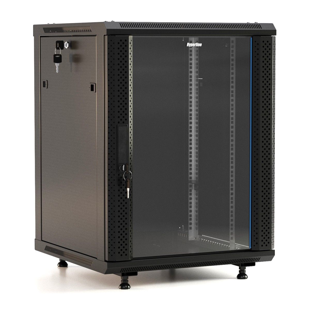 Шкаф HyperlineTWB-FC-1866-GP-RAL9004 настенный 18U, 920x600х600мм, стеклянная дверь с перфорацией п 18U, 920x600х600мм, стеклянная дверь с перфорацией по бокам, ручка с замком, с возможностью установки на ножки (в комплекте), цвет черный (RAL 9004) (разобранный)