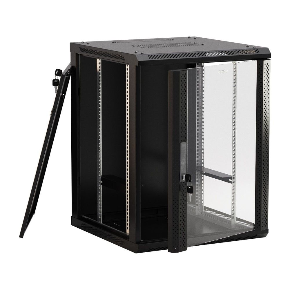 Шкаф HyperlineTWB-FC-1866-GP-RAL9004 настенный 18U, 920x600х600мм, стеклянная дверь с перфорацией п 18U, 920x600х600мм, стеклянная дверь с перфорацией по бокам, ручка с замком, с возможностью установки на ножки (в комплекте), цвет черный (RAL 9004) (разобранный)