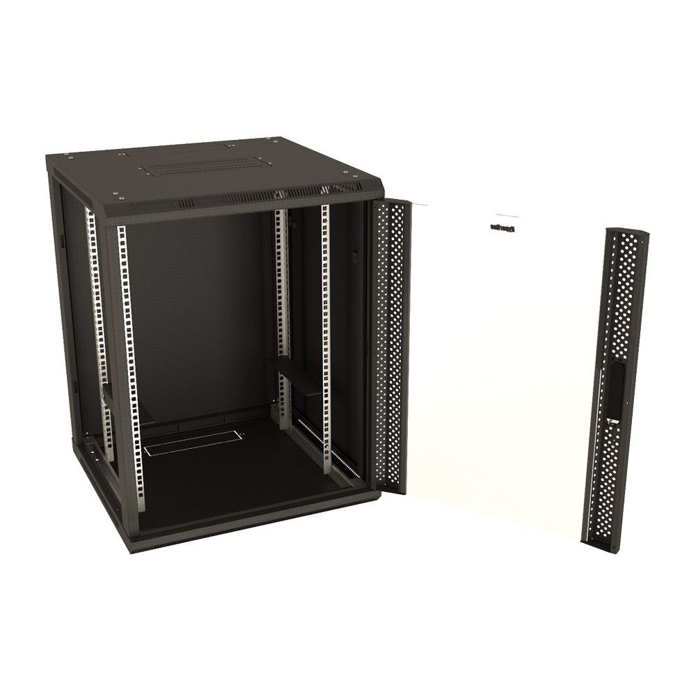 Шкаф HyperlineTWB-FC-1866-GP-RAL9004 настенный 18U, 920x600х600мм, стеклянная дверь с перфорацией п 18U, 920x600х600мм, стеклянная дверь с перфорацией по бокам, ручка с замком, с возможностью установки на ножки (в комплекте), цвет черный (RAL 9004) (разобранный)