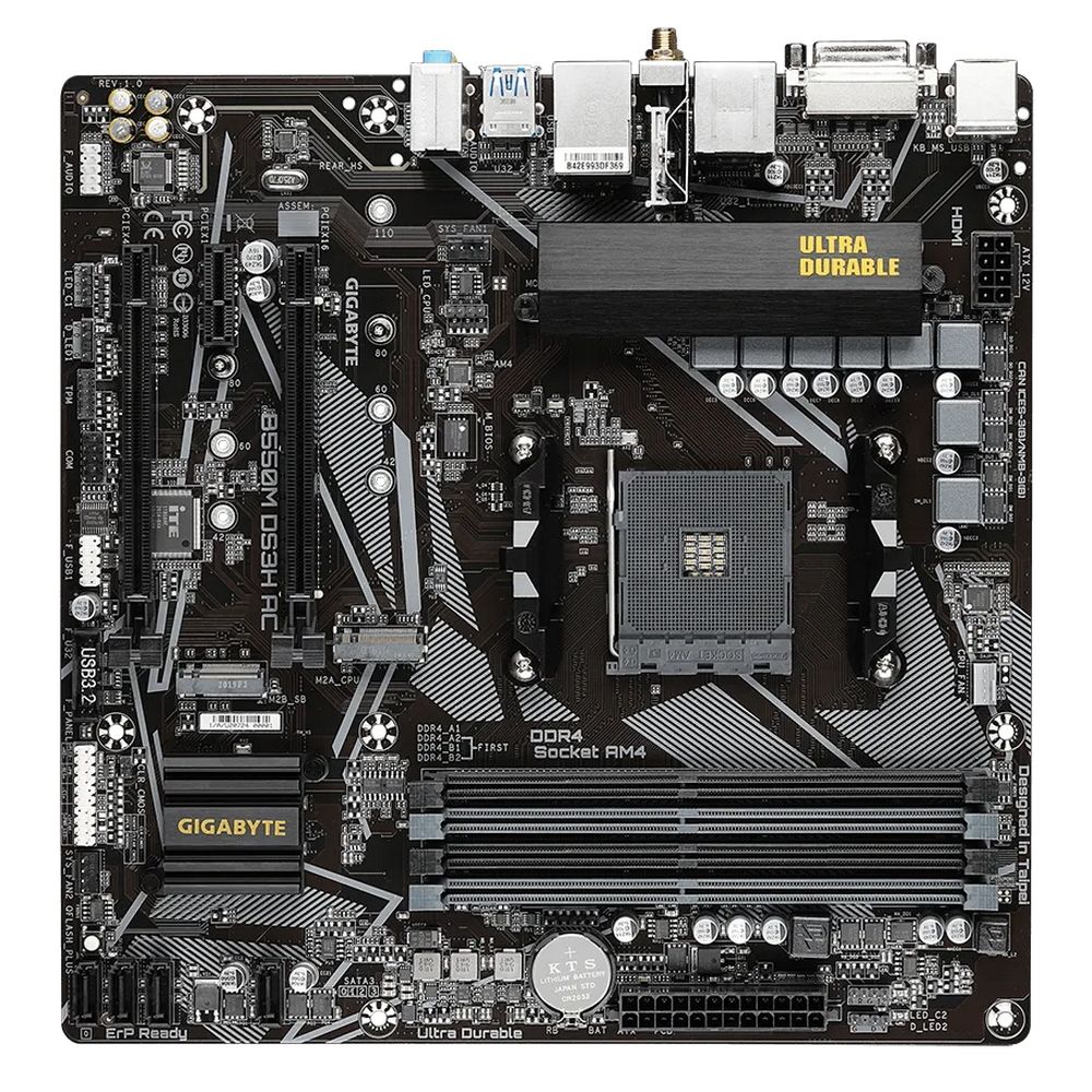 Материнская плата Gigabyte B550M DS3H AC, Socket AM4, AMD A520, 4xDDR4-3200, DVI-D+HDMI, 2xPCI-Ex16, 1xPCI-Ex1, 4xSATA3(RAID 0/1/10), 2xM.2, 8 Ch Audio, GLan, WiFi, (4+2)xUSB2.0, (4+2)xUSB3.2, 1xPS/2, mATX, RTL {10}