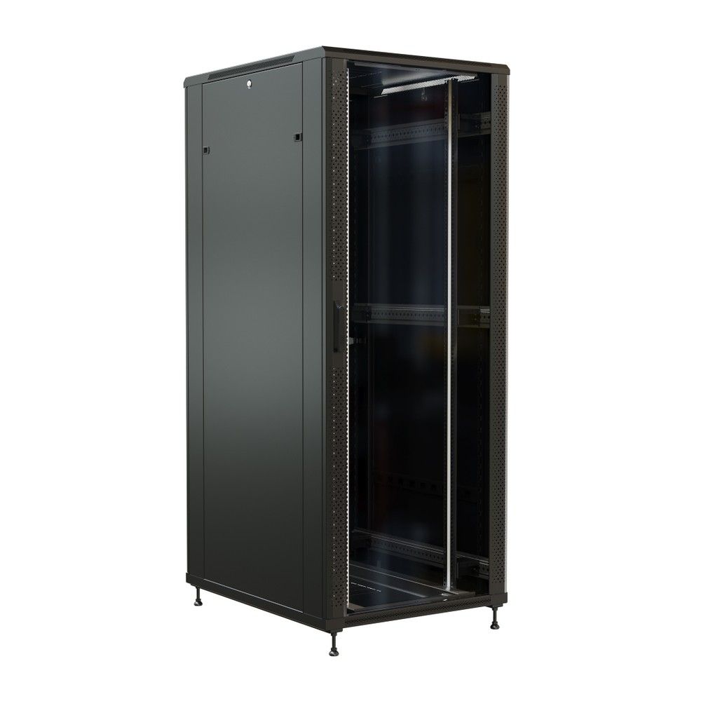 Шкаф Hyperline WRline WR-TT-3282-AS-RAL9004 Шкаф напольный 32U, 1610x800х1200 мм (ВхШхГ), передняя стеклянная дверь со стальными перфорированными боковинами, задняя дверь сплошная, цвет черный (RAL 9004) (разобранный)