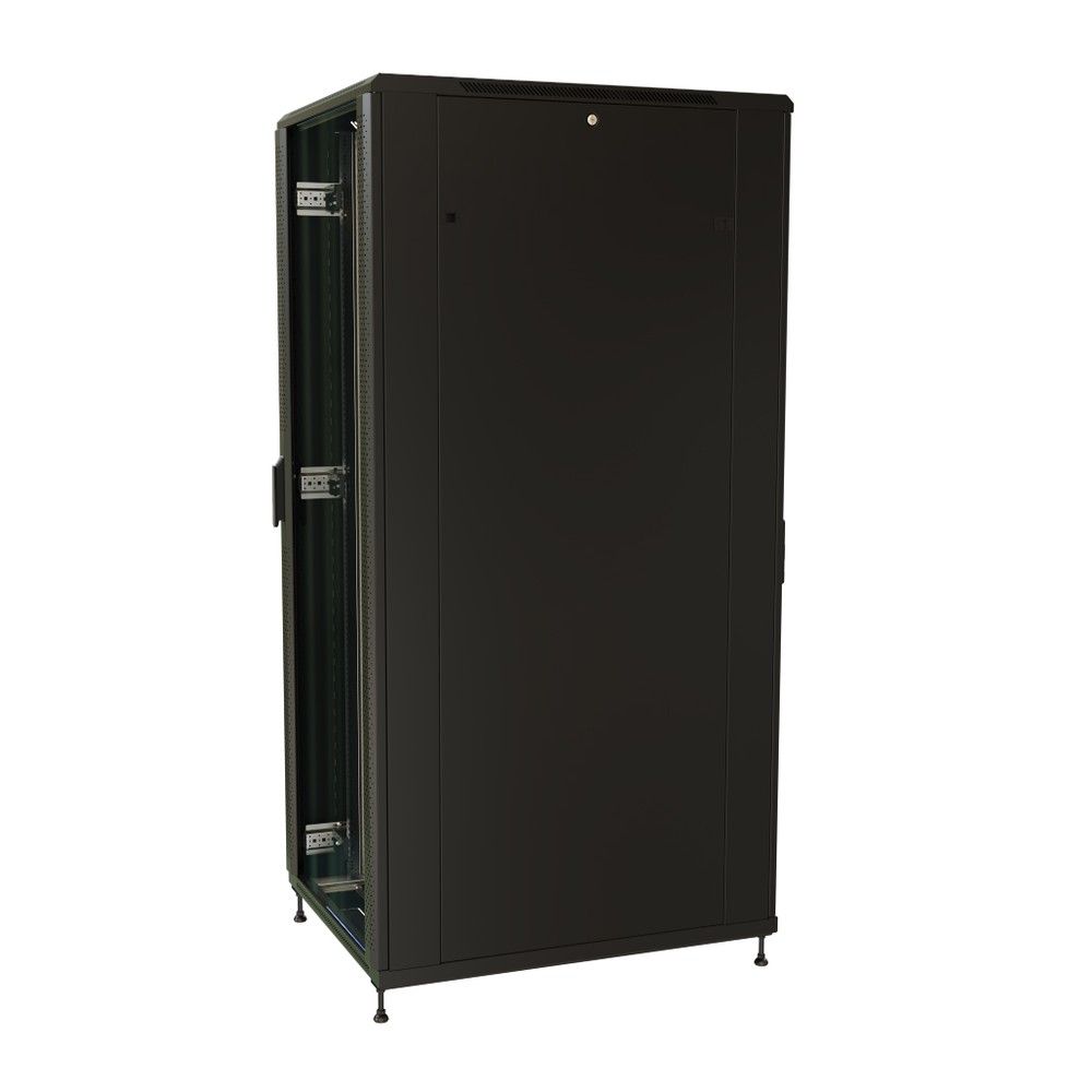 Шкаф Hyperline WRline WR-TT-3282-AS-RAL9004 Шкаф напольный 32U, 1610x800х1200 мм (ВхШхГ), передняя стеклянная дверь со стальными перфорированными боковинами, задняя дверь сплошная, цвет черный (RAL 9004) (разобранный)