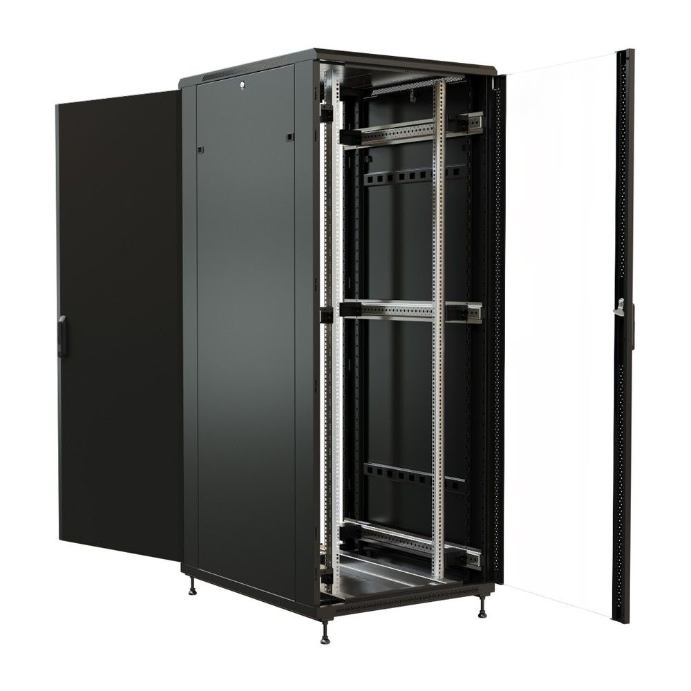 Шкаф Hyperline WRline WR-TT-3282-AS-RAL9004 Шкаф напольный 32U, 1610x800х1200 мм (ВхШхГ), передняя стеклянная дверь со стальными перфорированными боковинами, задняя дверь сплошная, цвет черный (RAL 9004) (разобранный)