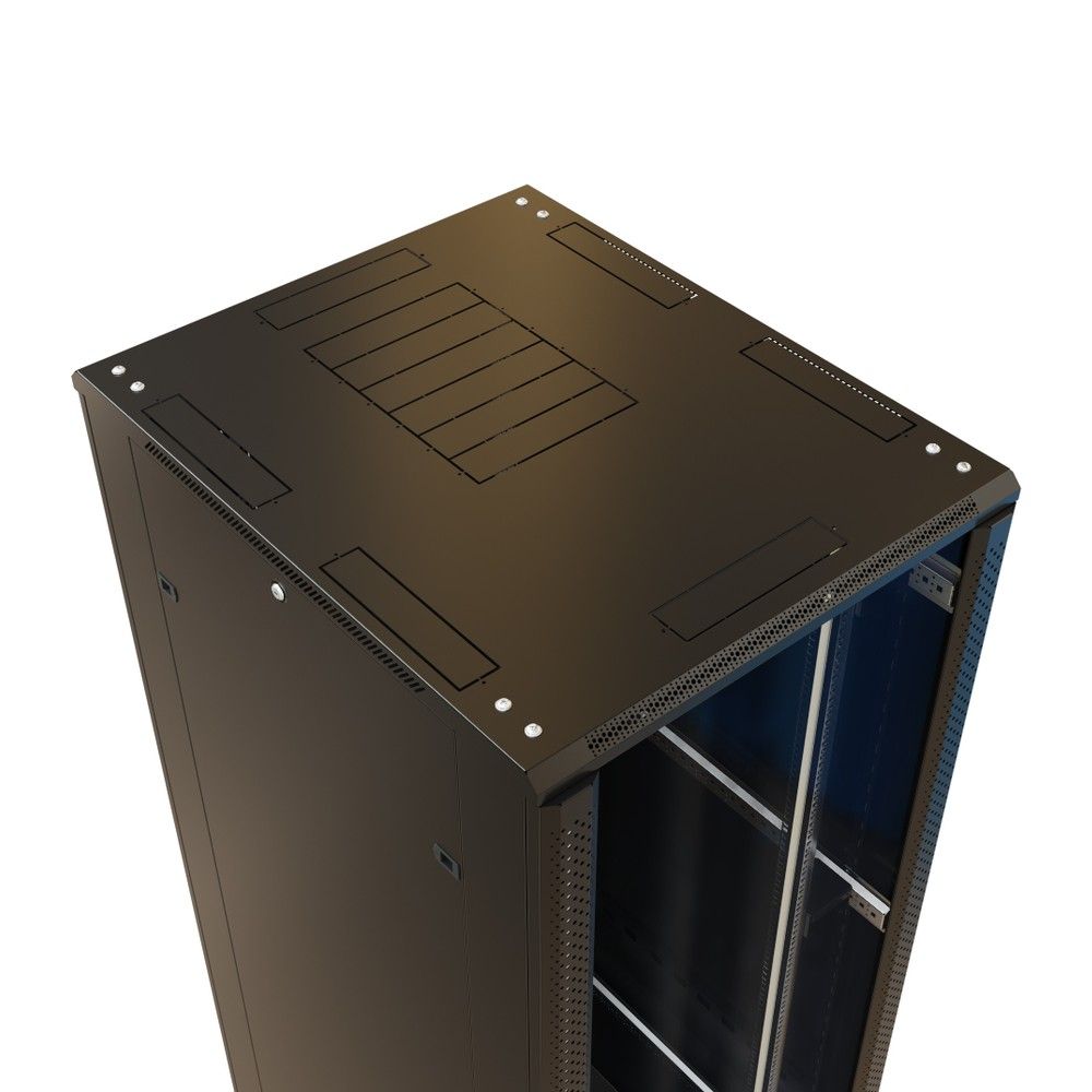 Шкаф Hyperline WRline WR-TT-3282-AS-RAL9004 Шкаф напольный 32U, 1610x800х1200 мм (ВхШхГ), передняя стеклянная дверь со стальными перфорированными боковинами, задняя дверь сплошная, цвет черный (RAL 9004) (разобранный)