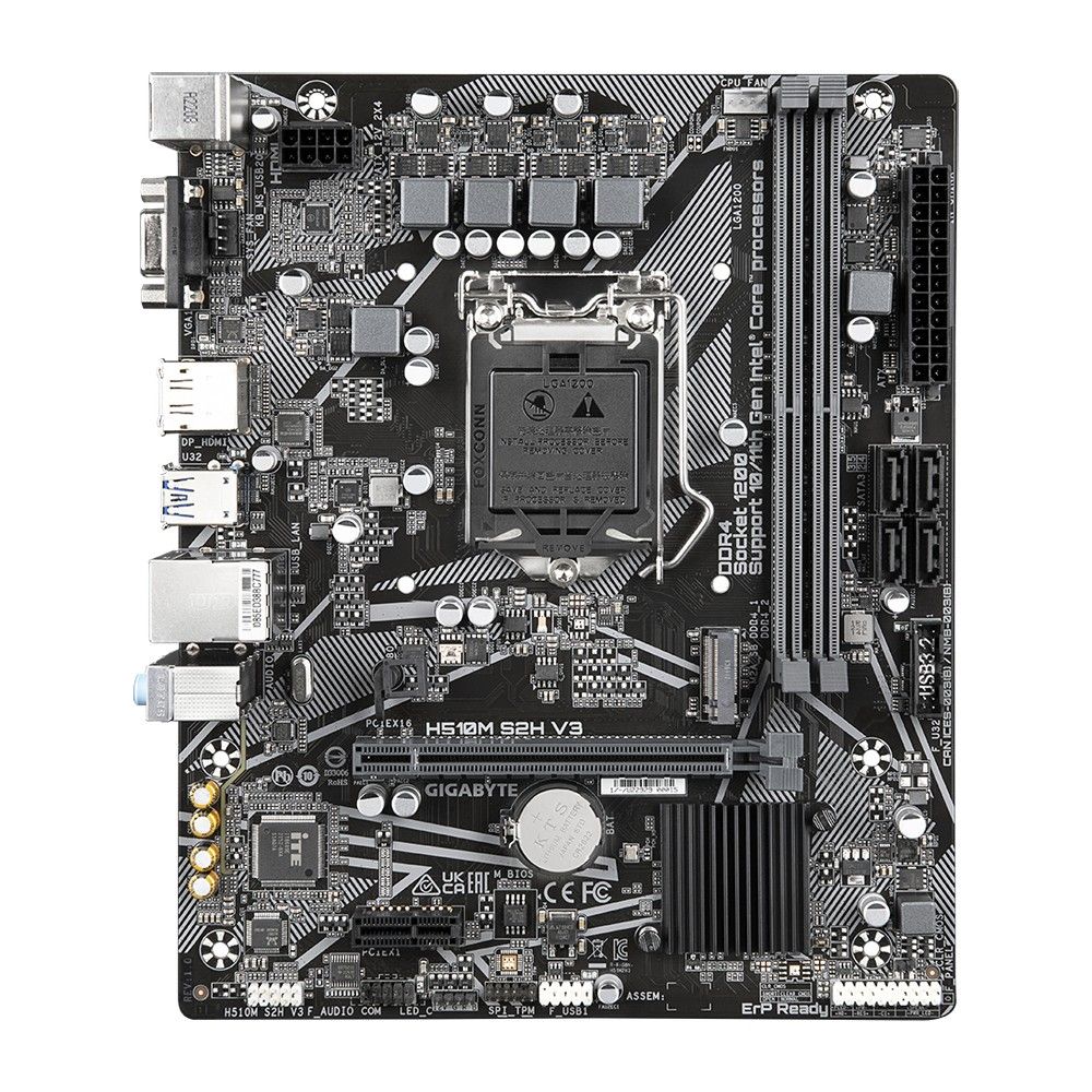 Материнская плата Gigabyte H510M S2H V3, Socket 1200, Intel®H470, 2xDDR4-3200, D-SUB+HDMI+DP, 1xPCI-Ex16, 1xPCI-Ex1, 4xSATA3(RAID 0/1/5/10), 1xM.2, 8 Ch Audio, GLan, (4+4)xUSB2.0, (2+2)xUSB3.2, 1xPS/2, mATX, RTL {10}