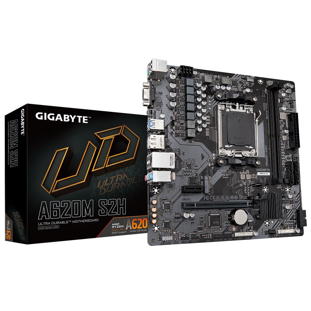 Материнская плата Gigabyte A620M S2H, Socket AM5, AMD A620, 2xDDR5-5200, D-SUB+HDMI+DP, 1xPCI-Ex16, 1xPCI-Ex1, 4xSATA3(RAID 0/1/10), 1xM.2, 8 Ch Audio, GLan, (4+4)xUSB2.0, (2+2)xUSB3.2, 1xPS/2, mATX, RTL