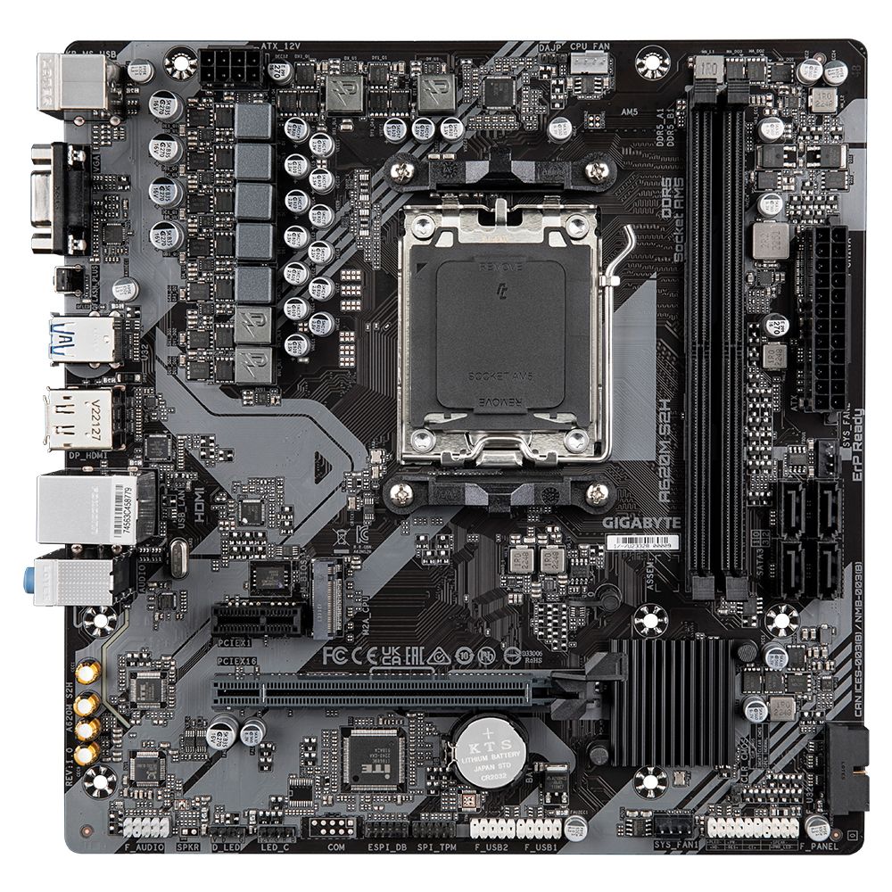 Материнская плата Gigabyte A620M S2H, Socket AM5, AMD A620, 2xDDR5-5200, D-SUB+HDMI+DP, 1xPCI-Ex16, 1xPCI-Ex1, 4xSATA3(RAID 0/1/10), 1xM.2, 8 Ch Audio, GLan, (4+4)xUSB2.0, (2+2)xUSB3.2, 1xPS/2, mATX, RTL