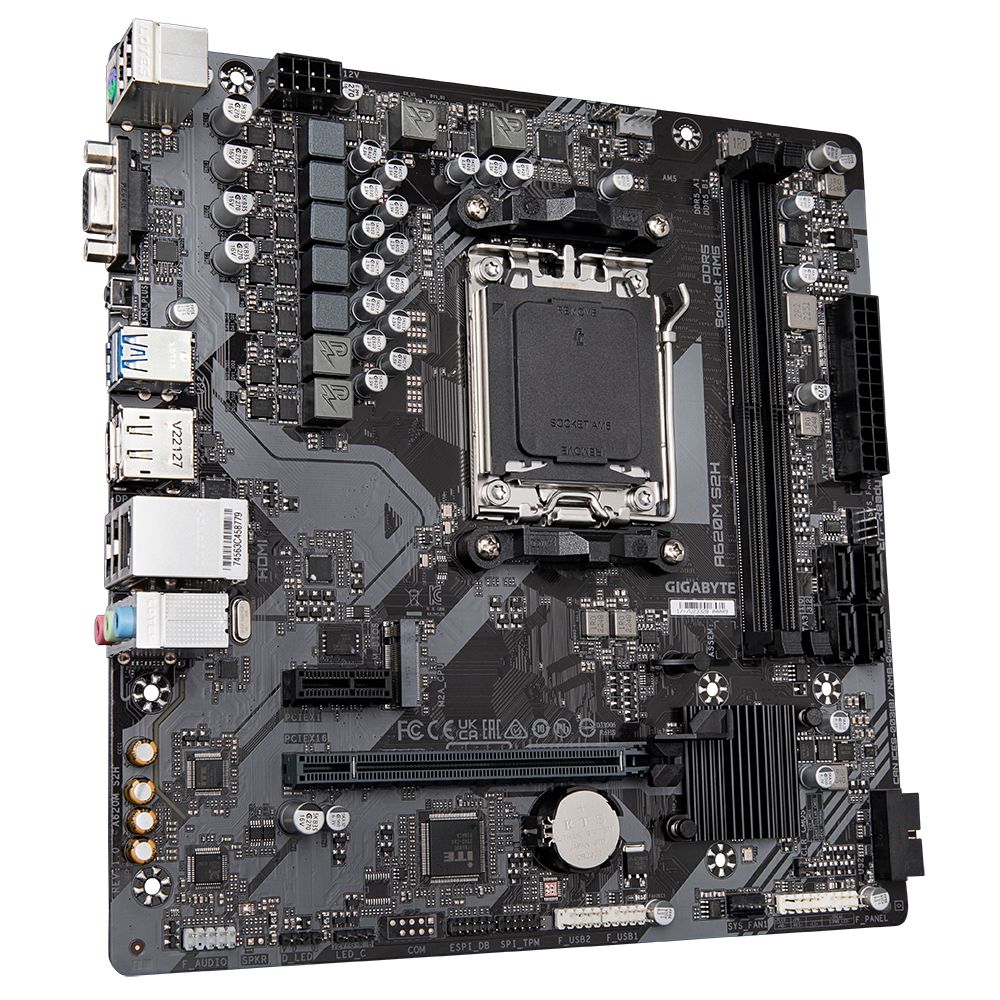 Материнская плата Gigabyte A620M S2H, Socket AM5, AMD A620, 2xDDR5-5200, D-SUB+HDMI+DP, 1xPCI-Ex16, 1xPCI-Ex1, 4xSATA3(RAID 0/1/10), 1xM.2, 8 Ch Audio, GLan, (4+4)xUSB2.0, (2+2)xUSB3.2, 1xPS/2, mATX, RTL