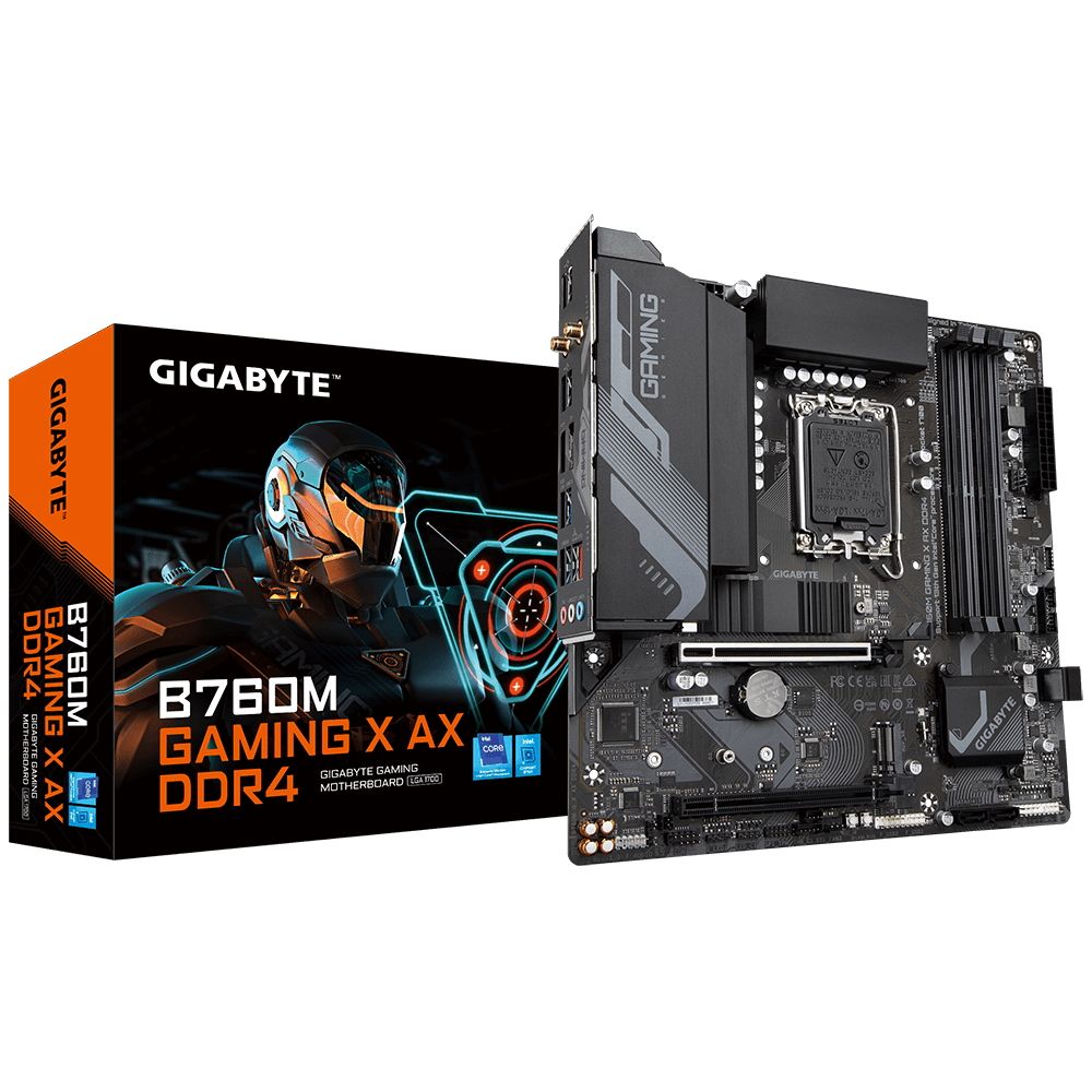 Материнская плата Gigabyte B760M GAMING X AX DDR4, Socket 1700, Intel®B760, 4xDDR4-3200, HDMI+DP, 2xPCI-Ex16, 4xSATA3(RAID 0/1/5/10), 2xM.2, 8Ch Audio, 2.5GbLan, (4+4)xUSB2.0, (4+2)xUSB3.2, (0+1)xUSB3.2 Type-C™, mATX, RTL