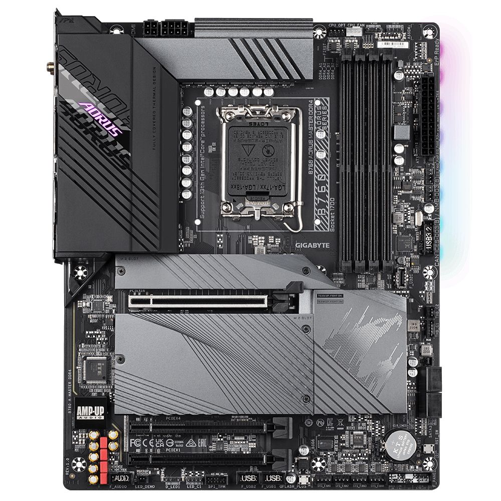 Материнская плата Gigabyte B760 AORUS MASTER DDR4, Socket 1700, Intel®B760, 4xDDR4-3200, HDMI+DP, 3xPCI-Ex16, 4xSATA3(RAID 0/1/5/10), 3xM.2, 8Ch Audio, 2.5GbLan, WiFi, (4+4)xUSB2.0, (5+2)xUSB3.2, (1+1)xUSB3.2 Type-C™, ATX, RTL