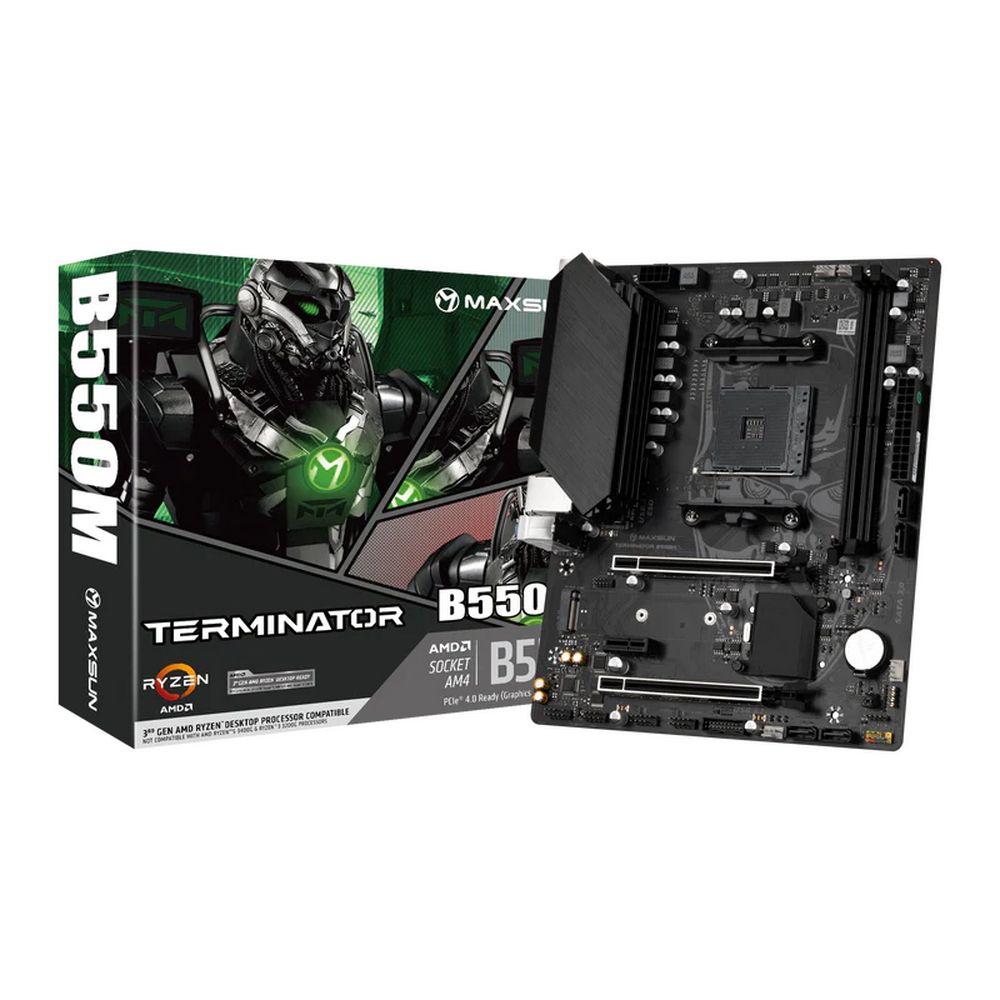 Материнская плата Maxsun MS-Terminator B550M B550, AM4, 2*DDR4, 1*PCIEx16, 1*PCIEx4, 1*PCIEx1, 1*M.2, 4*USB3.2Gen1, 6*USB2.0, 4*SATA3.0, 1G, VGA, HDMI, M-ATX, RTL