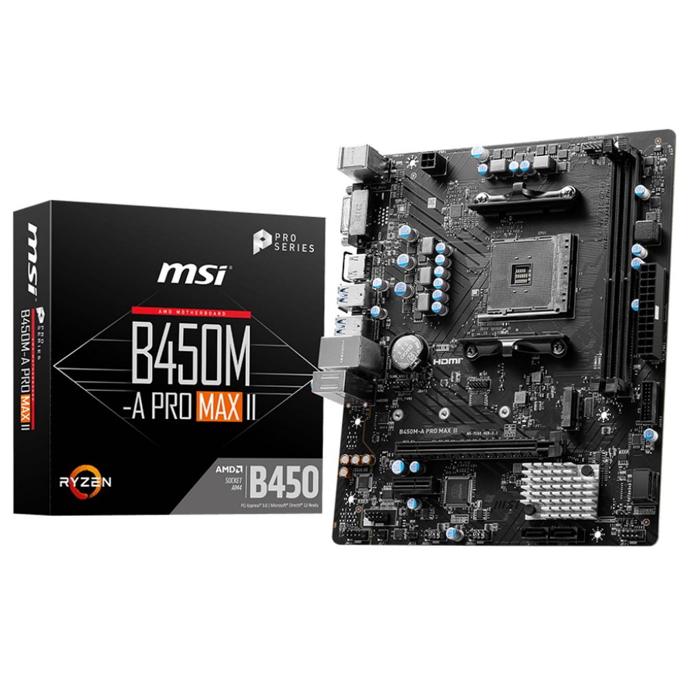 Материнская плата MSI B450M-A PRO MAX II B450, AM4, 2*DDR4, 1*PCIEx16, 1*PCIEx1, 1*M.2, 6*USB3.2Gen1, 6*USB2.0, 4*SATA3.0, 2.5G, DVI, HDMI, M-ATX, RTL