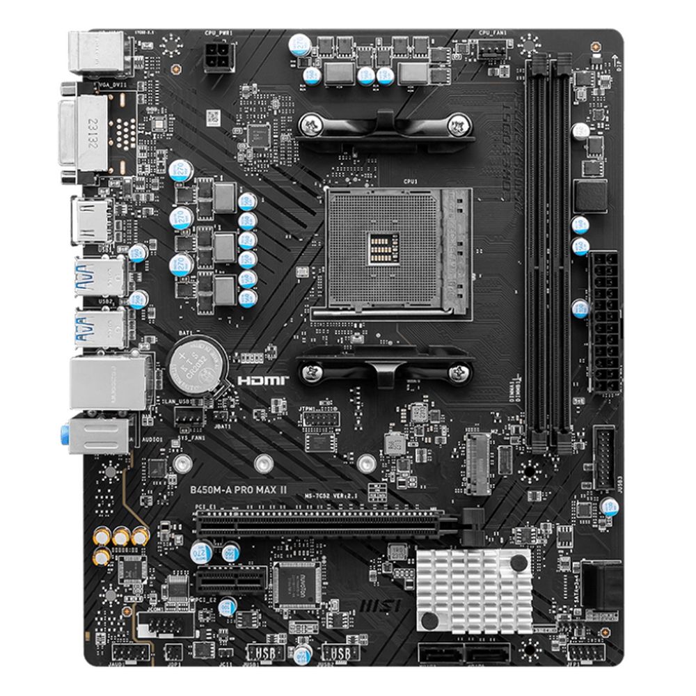 Материнская плата MSI B450M-A PRO MAX II B450, AM4, 2*DDR4, 1*PCIEx16, 1*PCIEx1, 1*M.2, 6*USB3.2Gen1, 6*USB2.0, 4*SATA3.0, 2.5G, DVI, HDMI, M-ATX, RTL