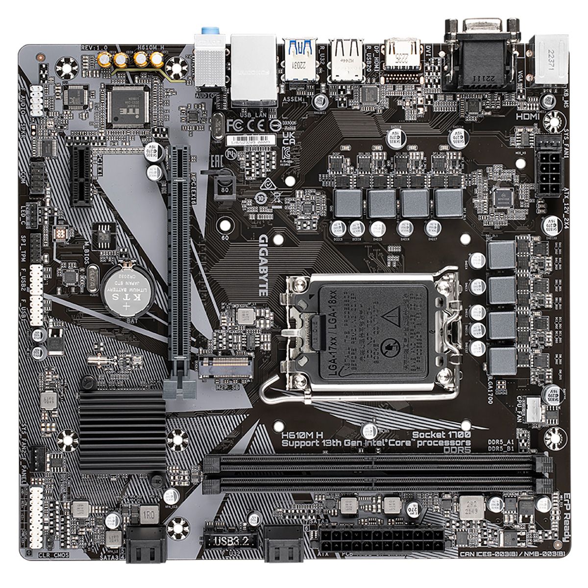 Материнская плата Gigabyte H610M H, Socket 1700, Intel®H610, 2xDDR5-4800, D-SUB+HDMI, 1xPCI-Ex16, 1xPCI-Ex1, 4xSATA3, 1xM.2, 8Ch Audio, GLan, (4+4)xUSB2.0, (2+2)xUSB3.2, 2xPS/2, mATX, RTL