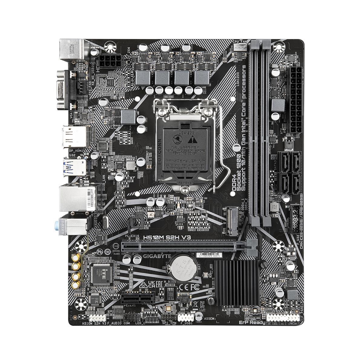 Материнская плата Gigabyte OEM H510M S2H V3, Socket 1200, Intel®H470, 2xDDR4-3200, D-SUB+HDMI+DP, 1xPCI-Ex16, 1xPCI-Ex1, 4xSATA3(RAID 0/1/5/10), 1xM.2, 8 Ch Audio, GLan, (4+4)xUSB2.0, (2+2)xUSB3.2, 1xPS/2, mATX, RTL {10}