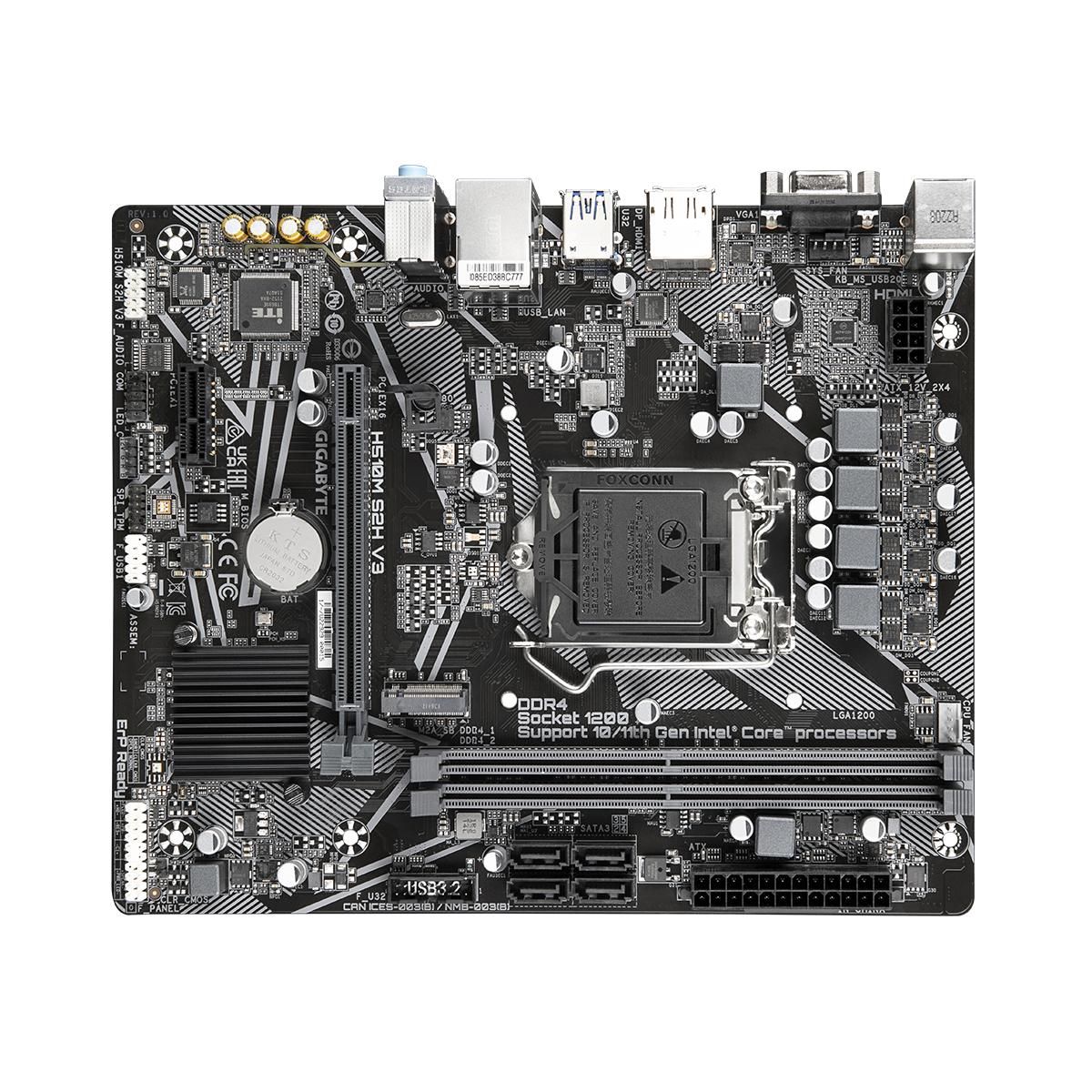 Материнская плата Gigabyte OEM H510M S2H V3, Socket 1200, Intel®H470, 2xDDR4-3200, D-SUB+HDMI+DP, 1xPCI-Ex16, 1xPCI-Ex1, 4xSATA3(RAID 0/1/5/10), 1xM.2, 8 Ch Audio, GLan, (4+4)xUSB2.0, (2+2)xUSB3.2, 1xPS/2, mATX, RTL {10}