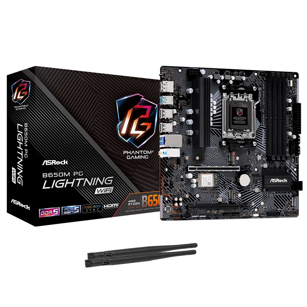 Материнская плата ASRock B650M PG LIGHNING WIFI, Socket AM5, AMD B650, 4xDDR5-5200, HDMI+DP, 2xPCI-Ex16, 4xSATA3(RAID 0/1/10), 3xM.2, 8 Ch Audio, 1x2.5GLan, WiFi, (4+4)xUSB2.0, (3+4)xUSB3.2, (1+1)xUSB3.2 Type-C™, mATX, RTL