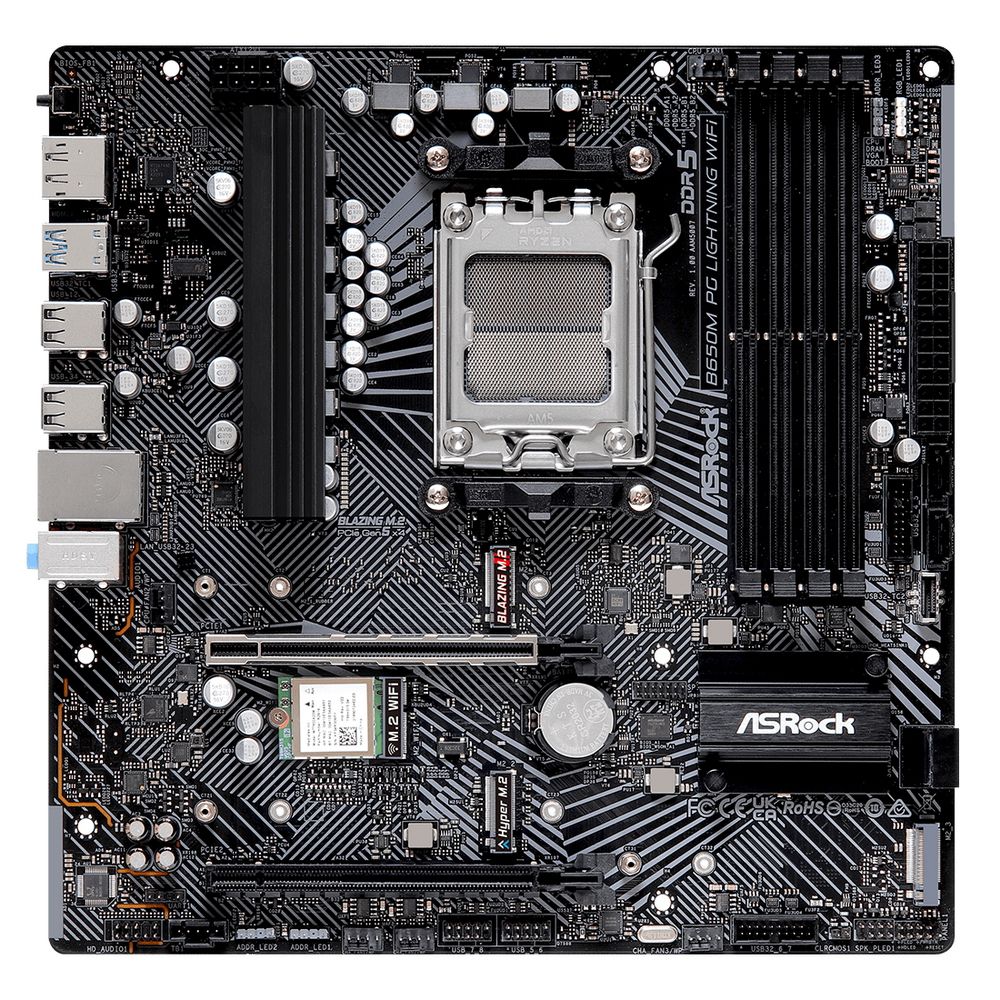 Материнская плата ASRock B650M PG LIGHNING WIFI, Socket AM5, AMD B650, 4xDDR5-5200, HDMI+DP, 2xPCI-Ex16, 4xSATA3(RAID 0/1/10), 3xM.2, 8 Ch Audio, 1x2.5GLan, WiFi, (4+4)xUSB2.0, (3+4)xUSB3.2, (1+1)xUSB3.2 Type-C™, mATX, RTL