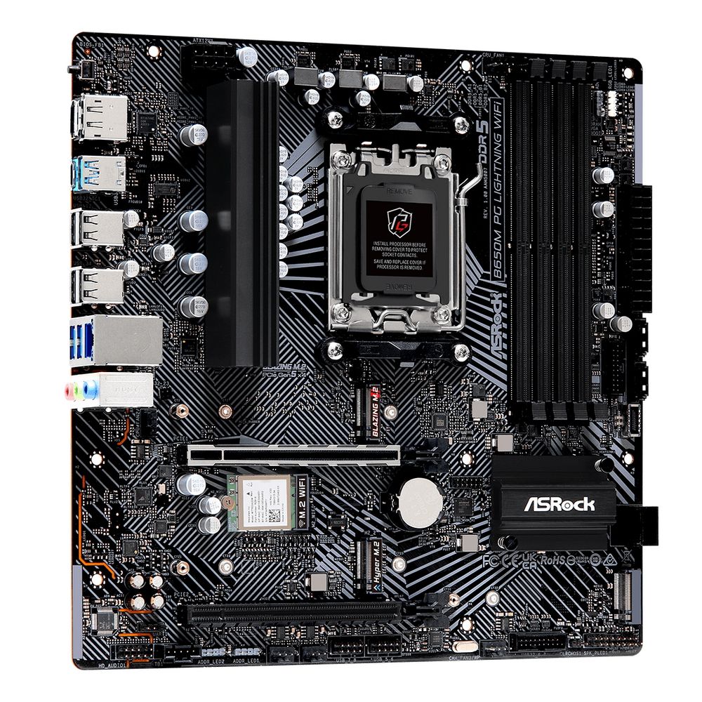 Материнская плата ASRock B650M PG LIGHNING WIFI, Socket AM5, AMD B650, 4xDDR5-5200, HDMI+DP, 2xPCI-Ex16, 4xSATA3(RAID 0/1/10), 3xM.2, 8 Ch Audio, 1x2.5GLan, WiFi, (4+4)xUSB2.0, (3+4)xUSB3.2, (1+1)xUSB3.2 Type-C™, mATX, RTL
