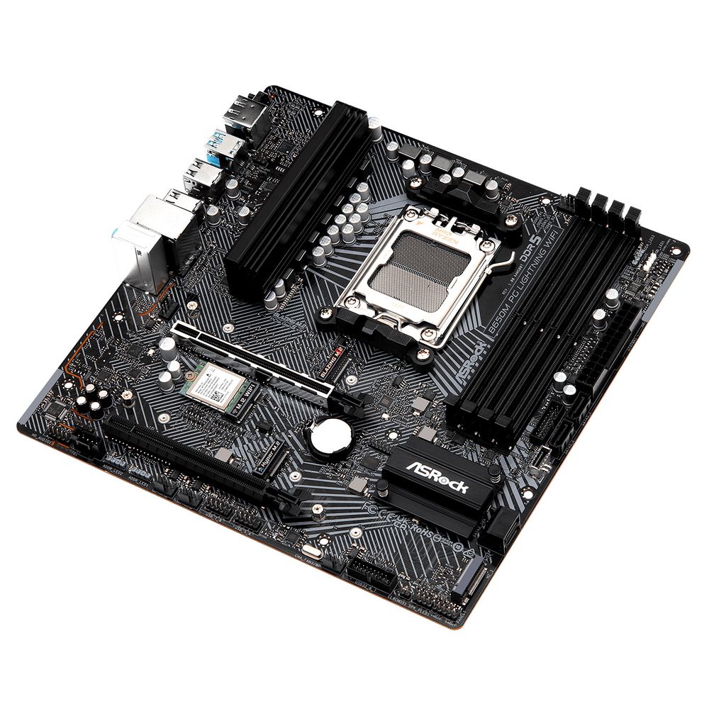 Материнская плата ASRock B650M PG LIGHNING WIFI, Socket AM5, AMD B650, 4xDDR5-5200, HDMI+DP, 2xPCI-Ex16, 4xSATA3(RAID 0/1/10), 3xM.2, 8 Ch Audio, 1x2.5GLan, WiFi, (4+4)xUSB2.0, (3+4)xUSB3.2, (1+1)xUSB3.2 Type-C™, mATX, RTL