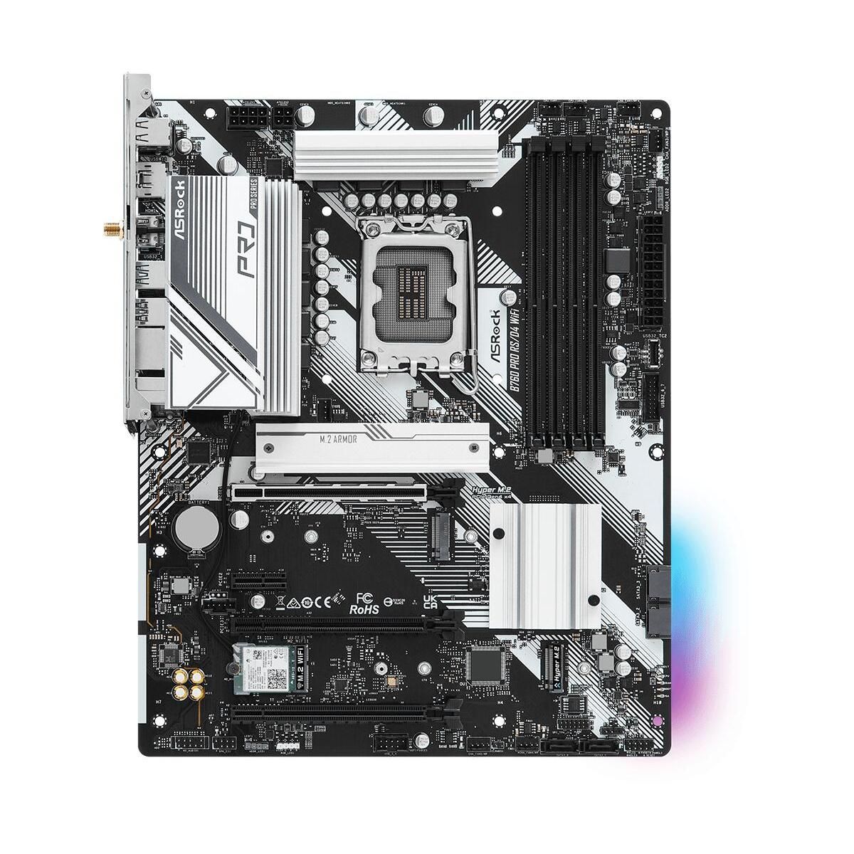 Материнская плата ASRock B760 PRO RS/D4 WIFI, Socket 1700, Intel®B760, 4xDDR4-3200, HDMI+DP, 2xPCI-Ex16, 1xPCI-Ex1, 4xSATA3(RAID 0/1/5/10), 2xM.2, 8 Ch Audio, 1x2.5GLan, WiFi, (2+4)xUSB2.0, (3+2)xUSB3.2, (1+1)xUSB3.2 Type-C™, ATX, RTL