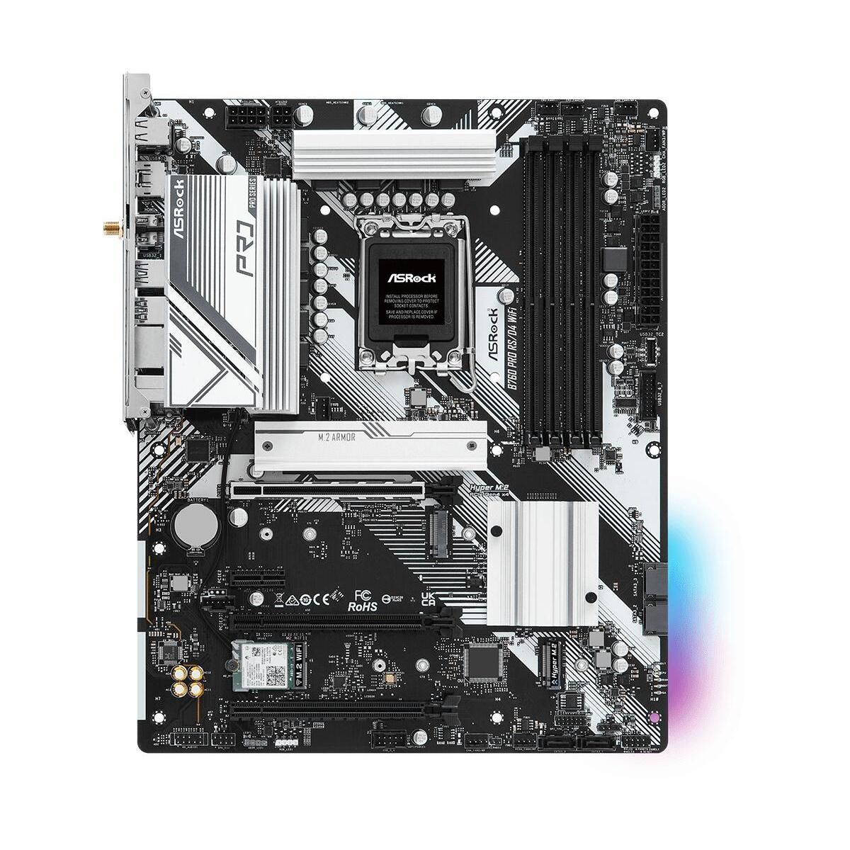 Материнская плата ASRock B760 PRO RS/D4 WIFI, Socket 1700, Intel®B760, 4xDDR4-3200, HDMI+DP, 2xPCI-Ex16, 1xPCI-Ex1, 4xSATA3(RAID 0/1/5/10), 2xM.2, 8 Ch Audio, 1x2.5GLan, WiFi, (2+4)xUSB2.0, (3+2)xUSB3.2, (1+1)xUSB3.2 Type-C™, ATX, RTL