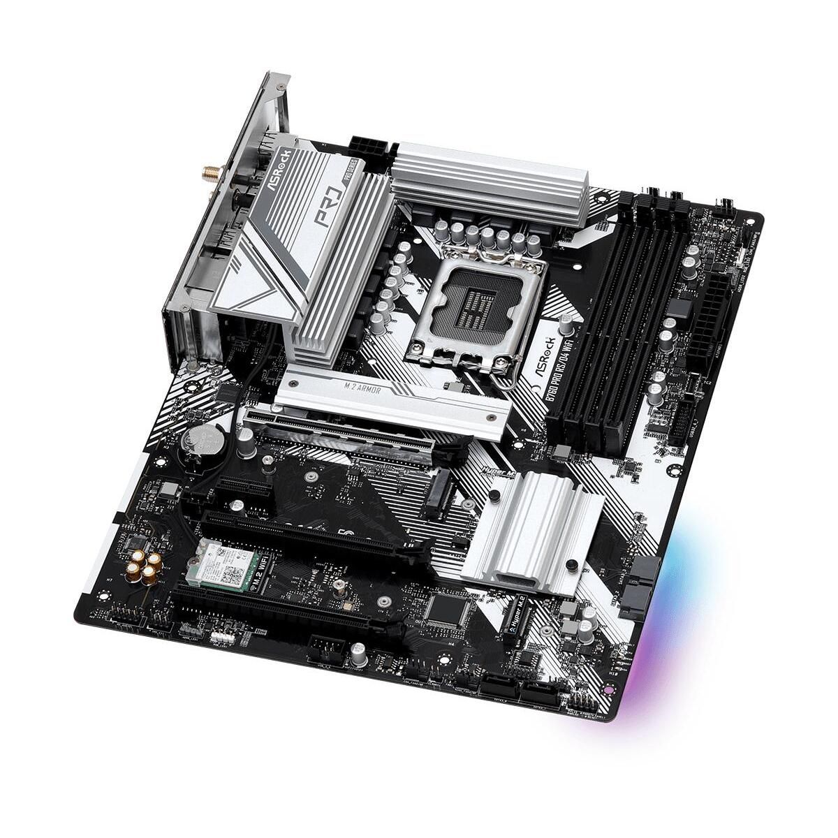 Материнская плата ASRock B760 PRO RS/D4 WIFI, Socket 1700, Intel®B760, 4xDDR4-3200, HDMI+DP, 2xPCI-Ex16, 1xPCI-Ex1, 4xSATA3(RAID 0/1/5/10), 2xM.2, 8 Ch Audio, 1x2.5GLan, WiFi, (2+4)xUSB2.0, (3+2)xUSB3.2, (1+1)xUSB3.2 Type-C™, ATX, RTL