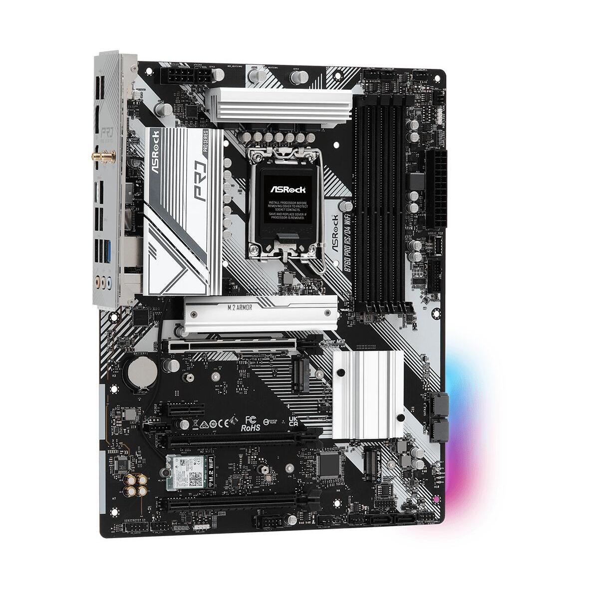 Материнская плата ASRock B760 PRO RS/D4 WIFI, Socket 1700, Intel®B760, 4xDDR4-3200, HDMI+DP, 2xPCI-Ex16, 1xPCI-Ex1, 4xSATA3(RAID 0/1/5/10), 2xM.2, 8 Ch Audio, 1x2.5GLan, WiFi, (2+4)xUSB2.0, (3+2)xUSB3.2, (1+1)xUSB3.2 Type-C™, ATX, RTL