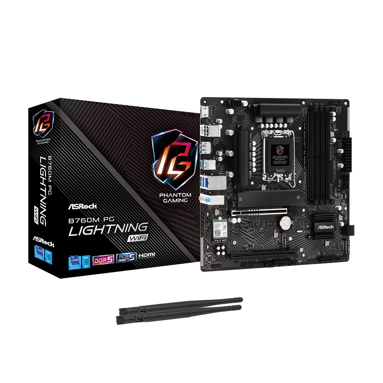 Материнская плата ASRock B760M PG LIGHTNING WIFI, Socket 1700, Intel®B760, 4xDDR5-4800, HDMI+DP, 2xPCI-Ex16, 1xPCI-Ex1, 4xSATA3(RAID 0/1/5/10), 3xM.2, 8 Ch Audio, 1x2.5GLan, (2+4)xUSB2.0, (3+2)xUSB3.2, (1+0)xUSB3.2 Type-C™, 1xPS/2, mATX, RTL