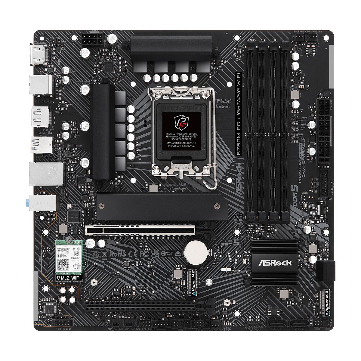 Материнская плата ASRock B760M PG LIGHTNING WIFI, Socket 1700, Intel®B760, 4xDDR5-4800, HDMI+DP, 2xPCI-Ex16, 1xPCI-Ex1, 4xSATA3(RAID 0/1/5/10), 3xM.2, 8 Ch Audio, 1x2.5GLan, (2+4)xUSB2.0, (3+2)xUSB3.2, (1+0)xUSB3.2 Type-C™, 1xPS/2, mATX, RTL