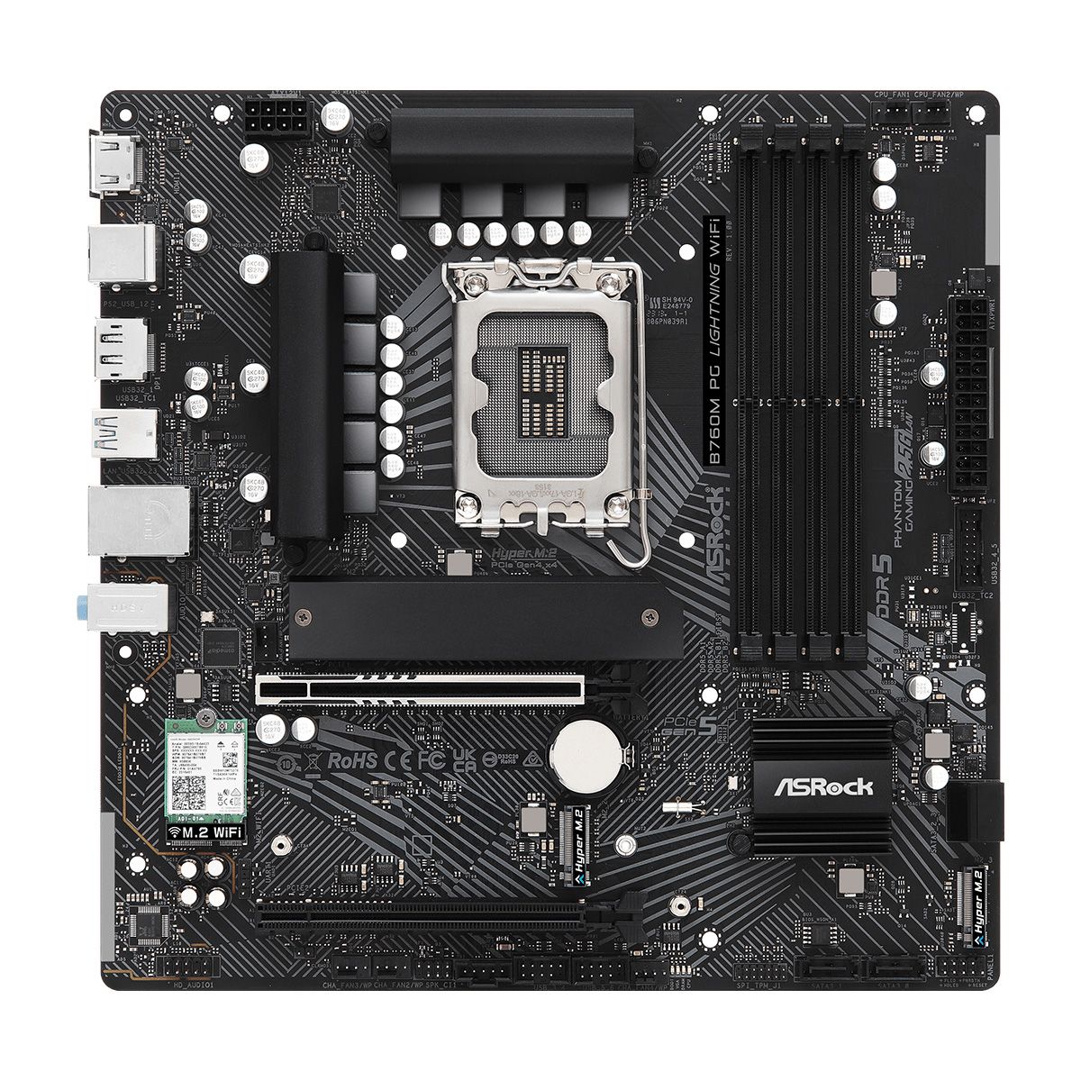 Материнская плата ASRock B760M PG LIGHTNING WIFI, Socket 1700, Intel®B760, 4xDDR5-4800, HDMI+DP, 2xPCI-Ex16, 1xPCI-Ex1, 4xSATA3(RAID 0/1/5/10), 3xM.2, 8 Ch Audio, 1x2.5GLan, (2+4)xUSB2.0, (3+2)xUSB3.2, (1+0)xUSB3.2 Type-C™, 1xPS/2, mATX, RTL