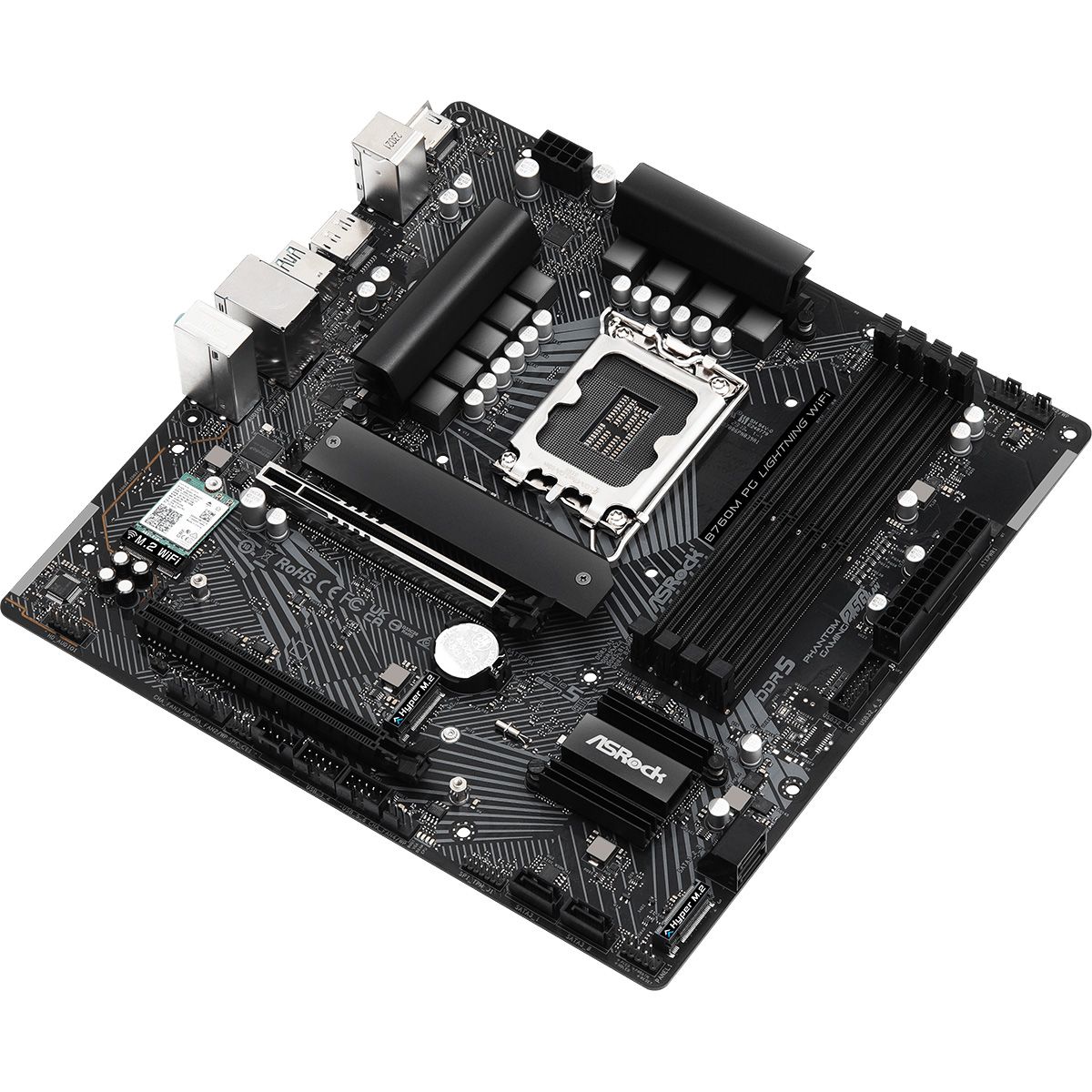 Материнская плата ASRock B760M PG LIGHTNING WIFI, Socket 1700, Intel®B760, 4xDDR5-4800, HDMI+DP, 2xPCI-Ex16, 1xPCI-Ex1, 4xSATA3(RAID 0/1/5/10), 3xM.2, 8 Ch Audio, 1x2.5GLan, (2+4)xUSB2.0, (3+2)xUSB3.2, (1+0)xUSB3.2 Type-C™, 1xPS/2, mATX, RTL
