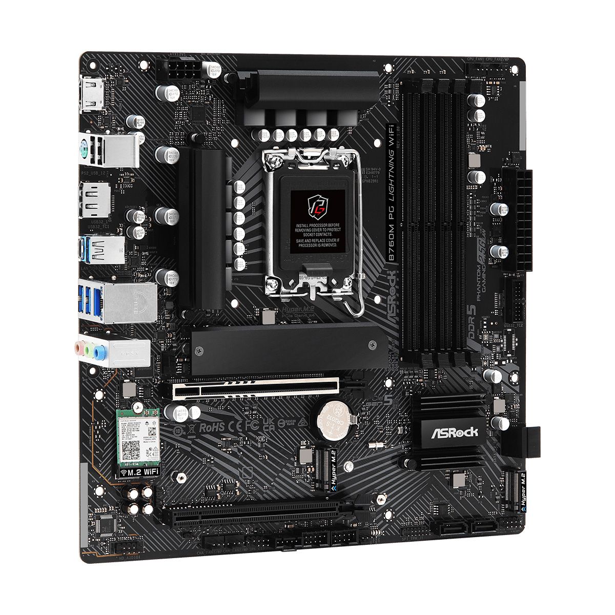 Материнская плата ASRock B760M PG LIGHTNING WIFI, Socket 1700, Intel®B760, 4xDDR5-4800, HDMI+DP, 2xPCI-Ex16, 1xPCI-Ex1, 4xSATA3(RAID 0/1/5/10), 3xM.2, 8 Ch Audio, 1x2.5GLan, (2+4)xUSB2.0, (3+2)xUSB3.2, (1+0)xUSB3.2 Type-C™, 1xPS/2, mATX, RTL
