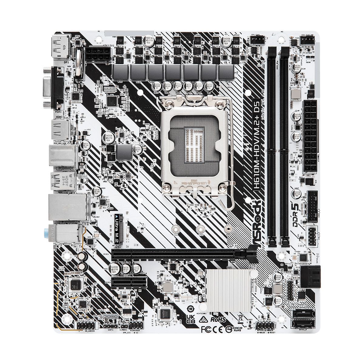 Материнская плата ASRock H610M-HDV/M.2+ D5, Socket 1700, Intel®H610, 2xDDR5-4800, D-SUB+HDMI+DP, 1xPCI-Ex16, 1xPCI-Ex1, 4xSATA3, 1xM.2, 8Ch Audio, GLan, (4+2)xUSB2.0, (1+2)xUSB3.2, (1+0)xUSB3.2 Type-C™, 1xPS/2, mATX, RTL