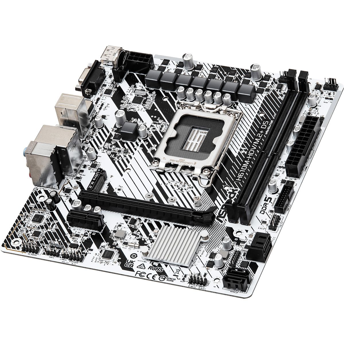 Материнская плата ASRock H610M-HDV/M.2+ D5, Socket 1700, Intel®H610, 2xDDR5-4800, D-SUB+HDMI+DP, 1xPCI-Ex16, 1xPCI-Ex1, 4xSATA3, 1xM.2, 8Ch Audio, GLan, (4+2)xUSB2.0, (1+2)xUSB3.2, (1+0)xUSB3.2 Type-C™, 1xPS/2, mATX, RTL