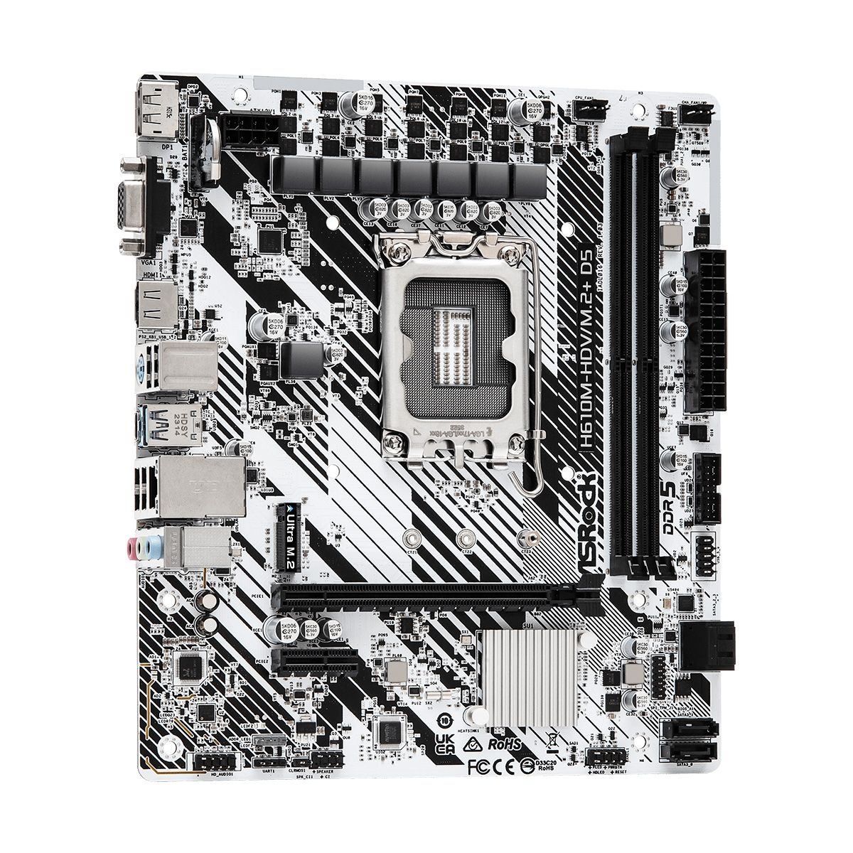 Материнская плата ASRock H610M-HDV/M.2+ D5, Socket 1700, Intel®H610, 2xDDR5-4800, D-SUB+HDMI+DP, 1xPCI-Ex16, 1xPCI-Ex1, 4xSATA3, 1xM.2, 8Ch Audio, GLan, (4+2)xUSB2.0, (1+2)xUSB3.2, (1+0)xUSB3.2 Type-C™, 1xPS/2, mATX, RTL