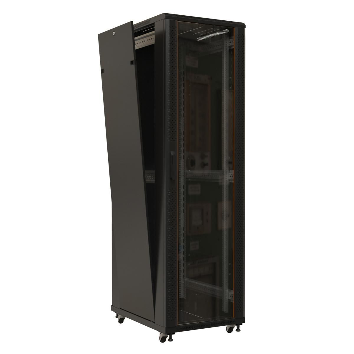 Шкаф Hyperline TTB-3281-AS-RAL9004 напольный 32U 1610x800х1000 мм (ВхШхГ), передняя дверь стеклянная, задняя дверь сплошная, ручка с замком, 2 вертикальных кабельных организатора, цвет черный (RAL 9004), (разобранный)