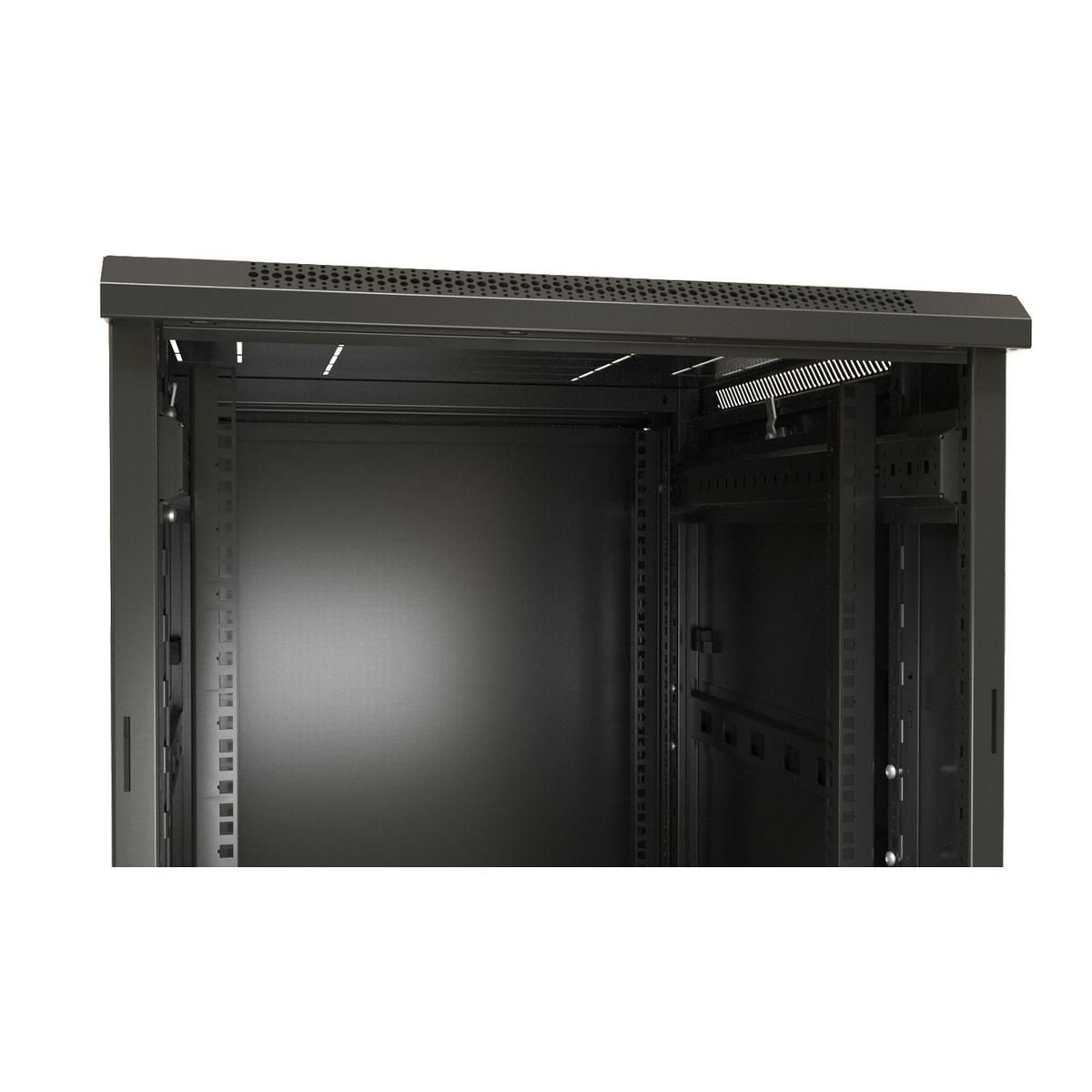 Шкаф Hyperline TTB-3281-AS-RAL9004 напольный 32U 1610x800х1000 мм (ВхШхГ), передняя дверь стеклянная, задняя дверь сплошная, ручка с замком, 2 вертикальных кабельных организатора, цвет черный (RAL 9004), (разобранный)