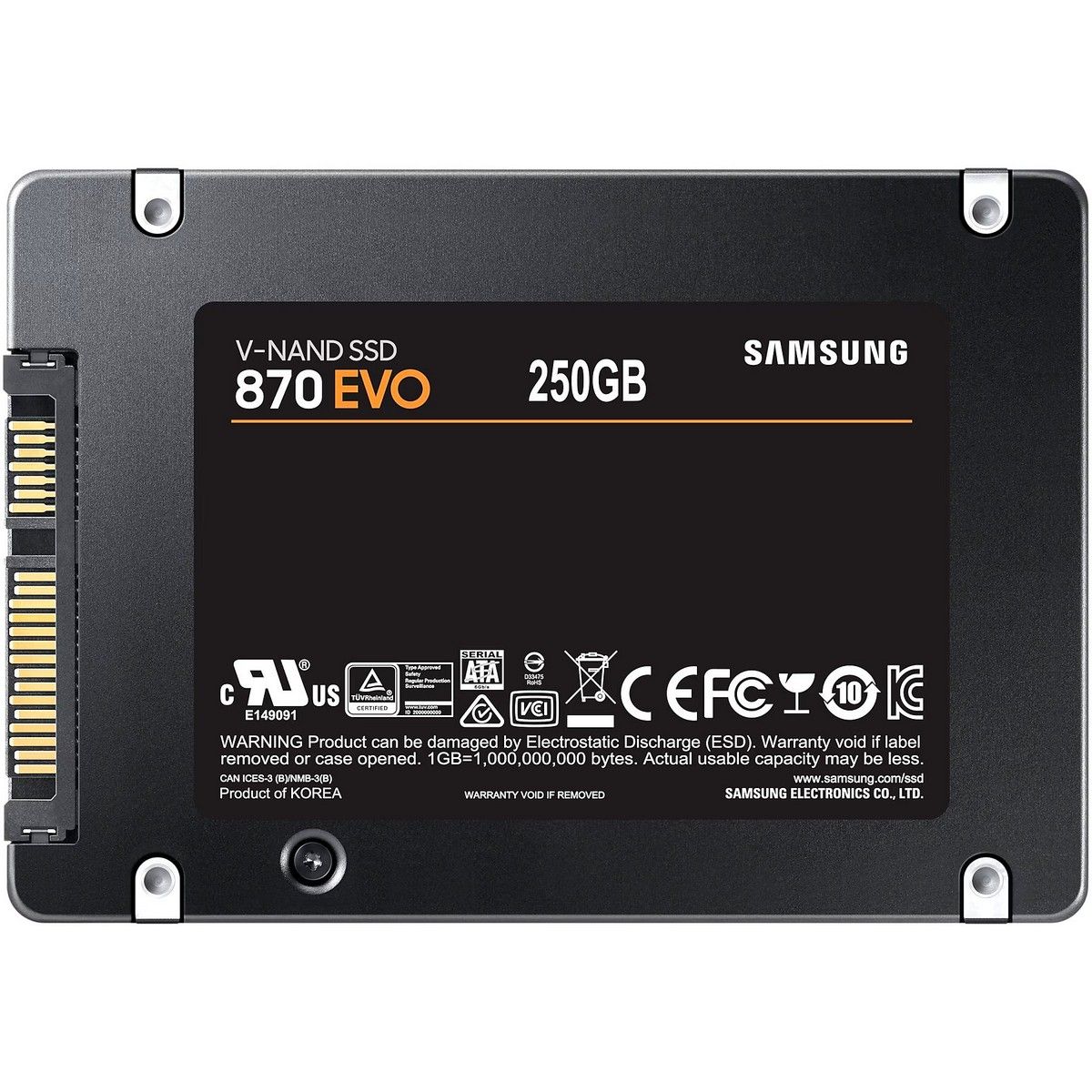 Твердотельный накопитель SSD Samsung 2.5" 250GB 870 EVO Client SSD SATA 6Gb/s, 560/530, IOPS 98/88K, MTBF 1.5M, 3D V-NAND TLC, 512MB, 150TBW, 0,33DWPD